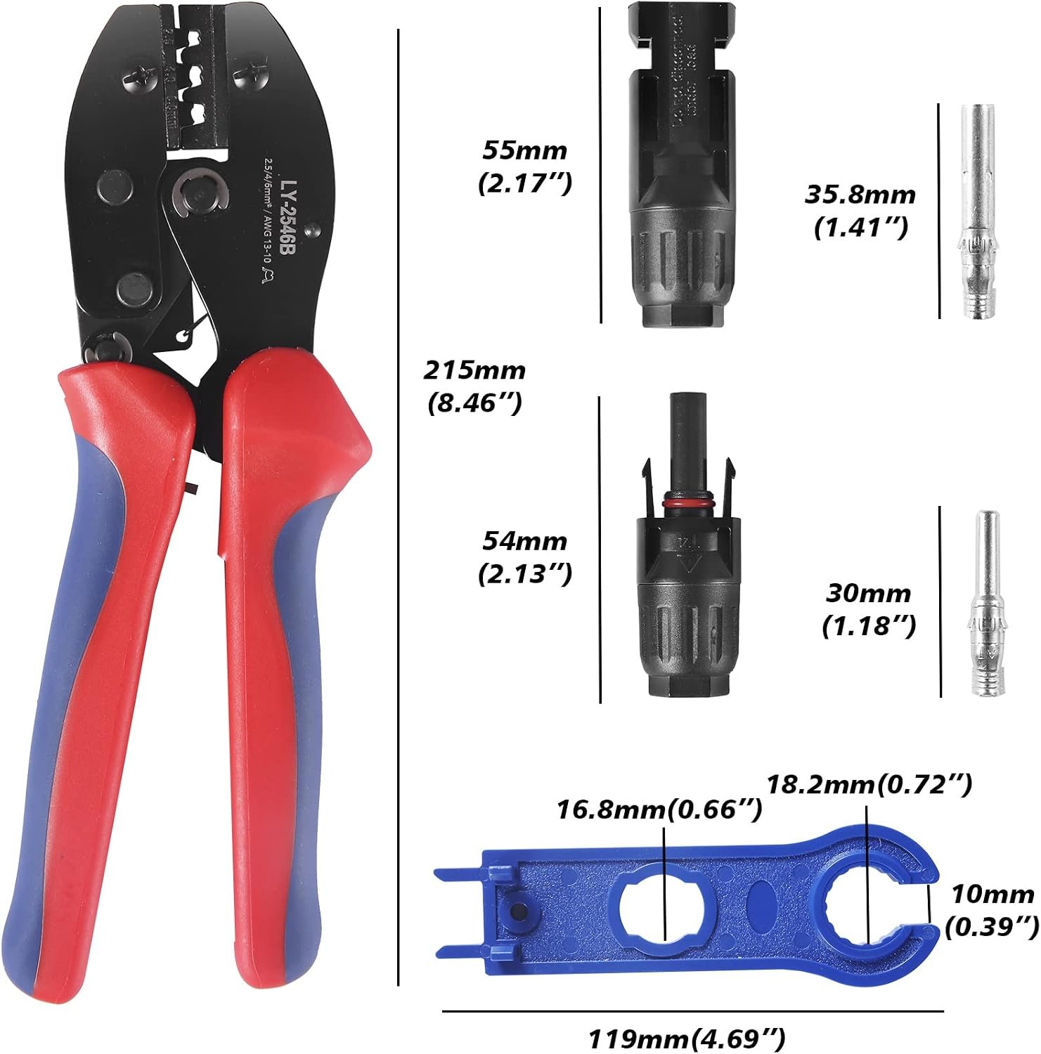 MUYI 47pcs Solar Panel Tools Kits for 13-10AWG Cable (2.5/4/6mm²) | 10 Pair Solar Connectors and 2pcs Spanners Wrench with 1-Piece Wire Crimper Replacement Sets - Image 3