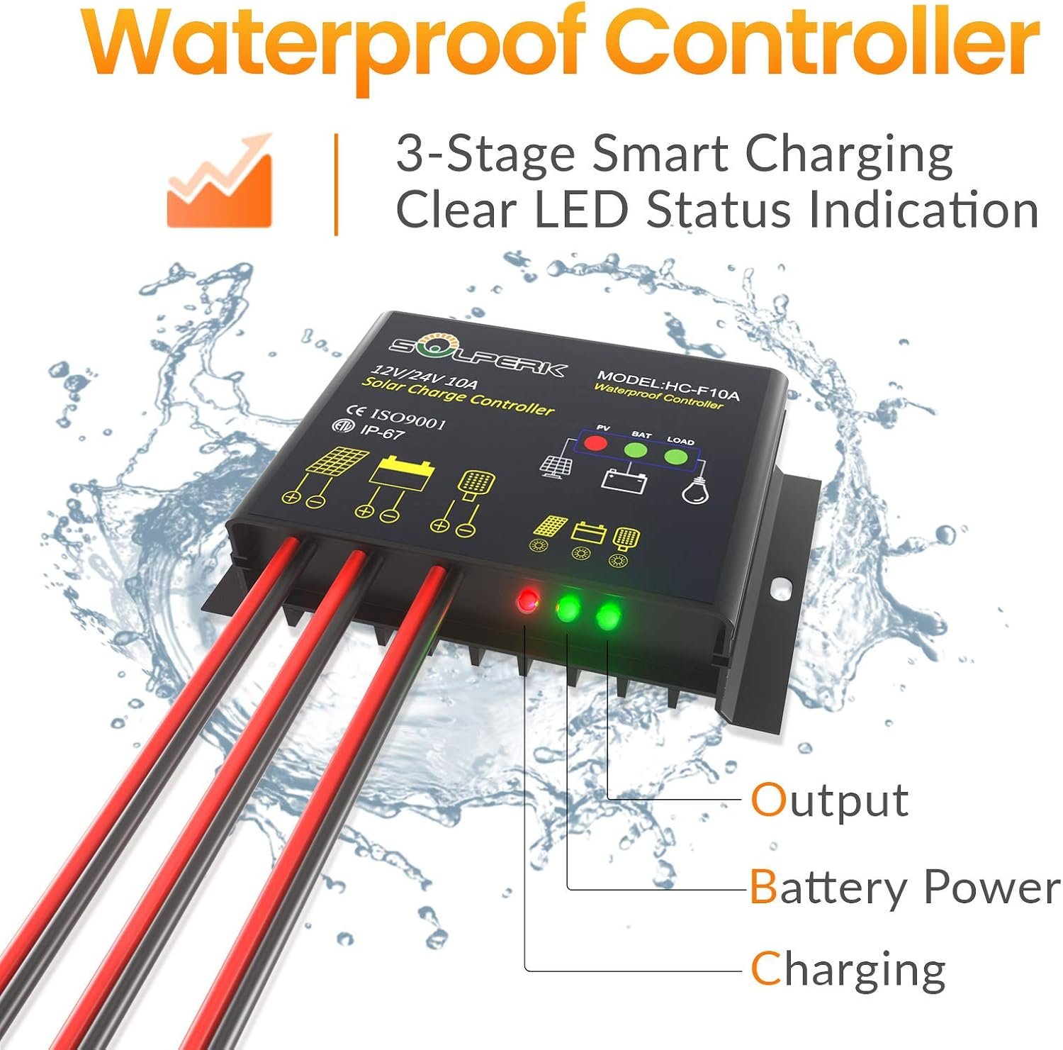SOLPERK 10A Solar Charge Controller Waterproof Solar Panel Controller 12V/24V PWM Solar Panel Battery Intelligent Regulator for RV Boat car ,with LED Display - Image 2
