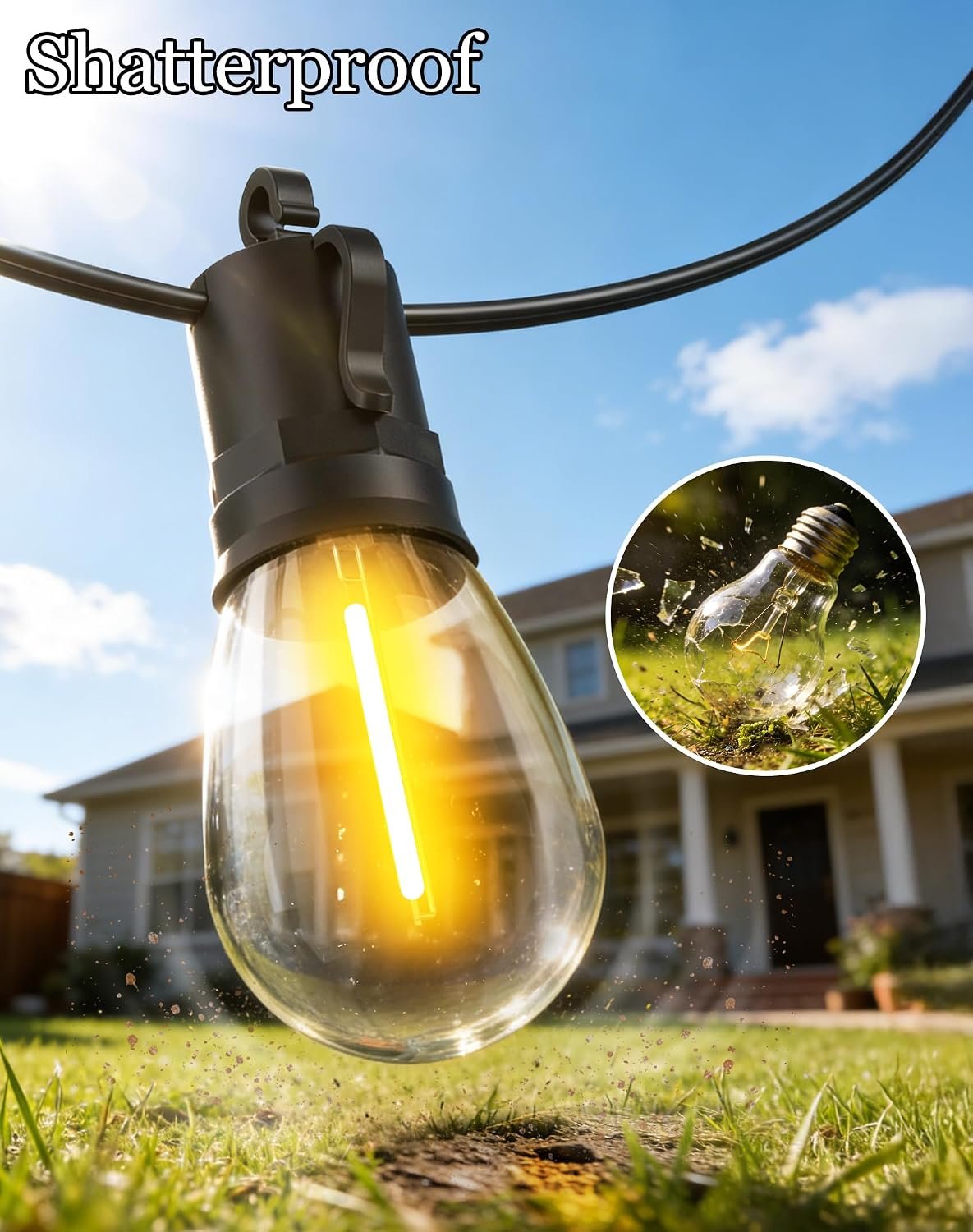 50ft Solar Powered Lights Outdoor - Waterproof String Light Outside Patio | Yard Garden Fence Backyard Deck Porch Balcony Patios Camping Battery Operated Lighting Hanging with LED Edison Bulbs S14 - Image 6
