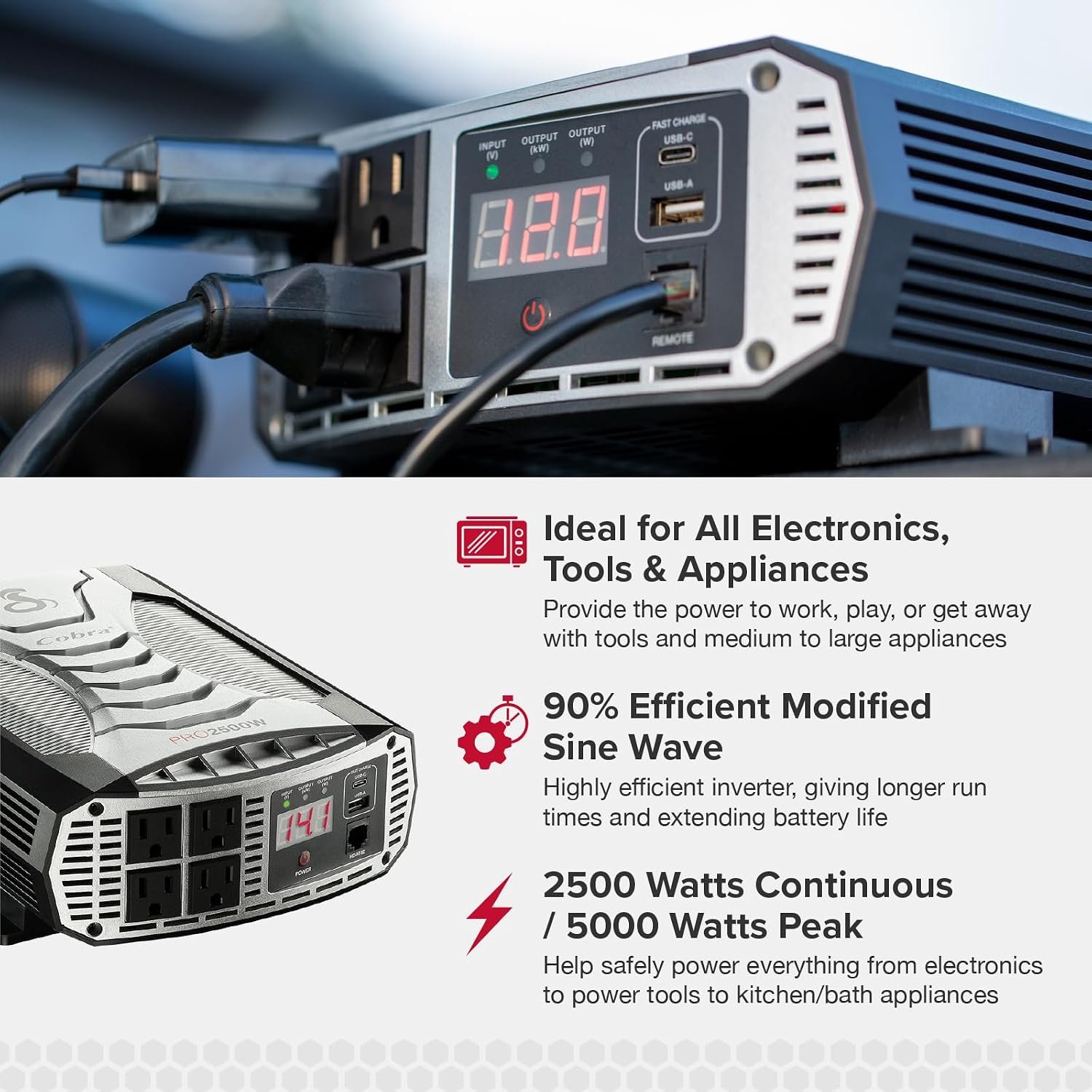 Cobra PRO 2500W Professional Grade Power Inverter, Portable – 2500-Watt Car Charger, 4 Grounded AC Outlets, 2 Fast Charge USB Ports and Remote Controller (CPIALCDG1) Compatible | 2500-Watt Car Charger, 4 Grounded AC Outlets, 2 Fast Charge USB Ports and Remote Controller (CPIALCDG1) Compatible - Image 3