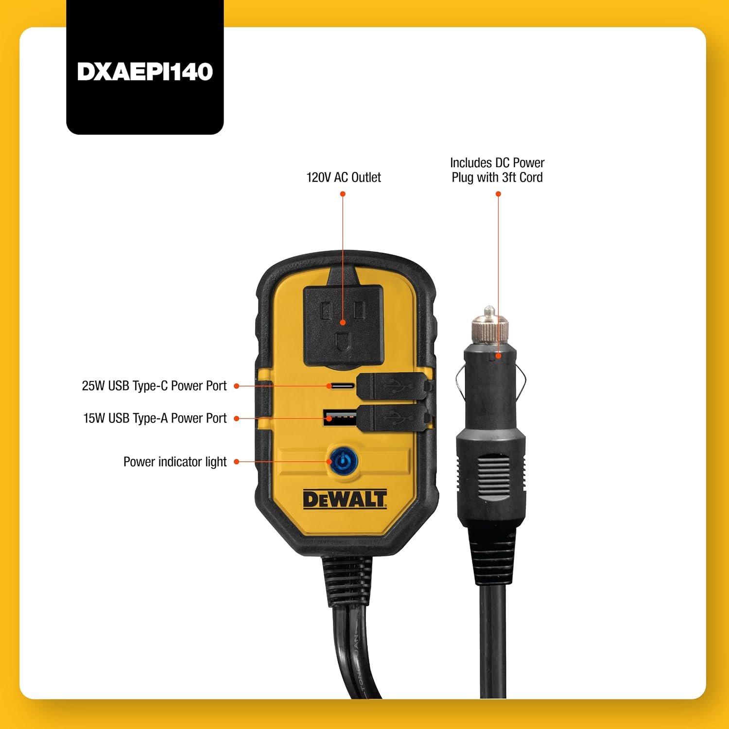 DEWALT DXAEPI140 Power Inverter for Vehicles | 140-Watts of Household Power, 25W USB Type C, 15W USB Type A - Image 2