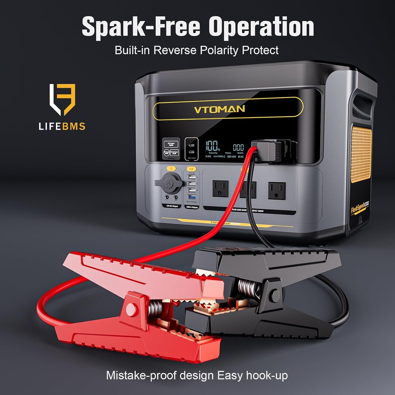 VTOMAN FlashSpeed 1000 Solar Generator, 828Wh LiFePO4 with Jumper cable | car jump starter, 1H Fast Charging, 1000W output, home backup, camping, roadside emergencies,12 output ports - Image 4