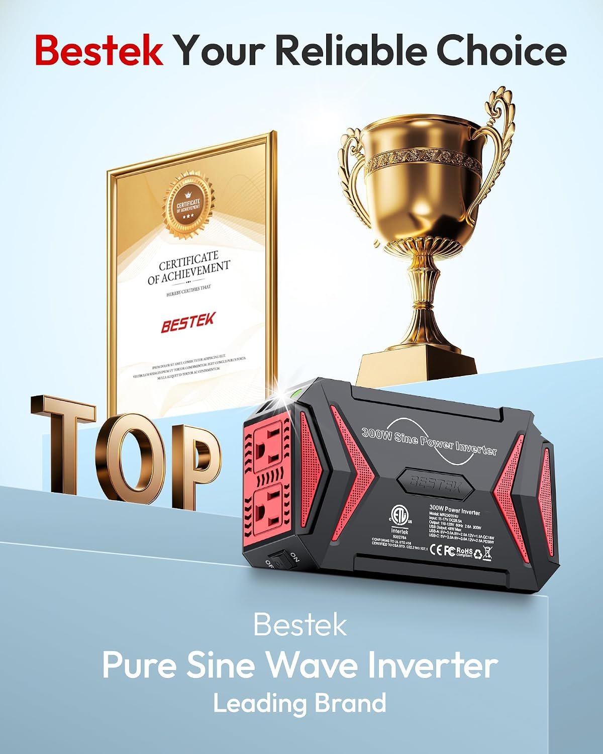BESTEK Pure Sine Wave Power Inverter, 300W DC 12-17V to 110V AC Car Adapter | Vehicle Plug in Cigarette Lighter Outlet Solar Inverter, 4.8A Dual USB Fast Charging Ports for Phone, Laptop, CPAP(Black) - Image 7