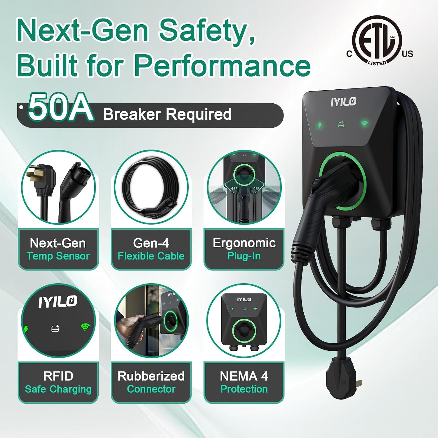 Level 2 EV Charger, 40Amp/9.6KW/240V, NEMA 14-50P, Wi-Fi(2.4 GHz) | J1772 Wall Electric Car Charger with Dual Temp Sensors, RFID, Smart App-Scheduled Charging, UL 2594, ETL & Energy Star - Image 6