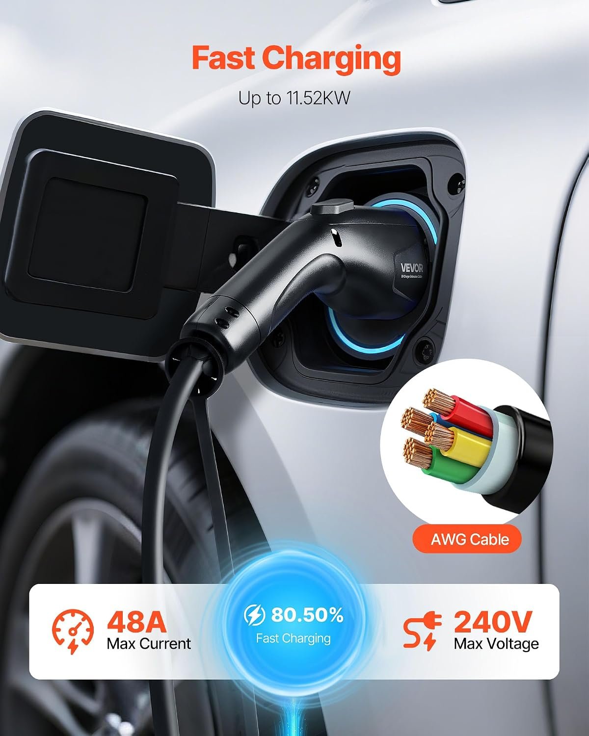 VEVOR EV Charger Extension Cable, 48Amp 21 ft J1772 Extension Cord Compatible with 120V-240V SAE J1772 Electric Vehicle Chargers, Level 1/Level 2 IP66 Heavy Duty Car Charging Cable with Carrying Bag - Image 5