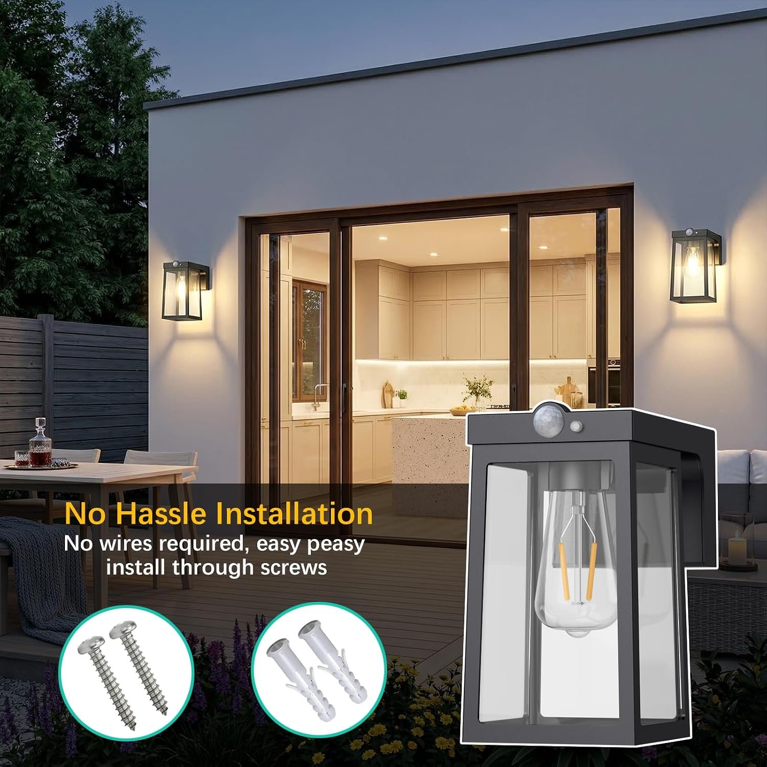 Greluna Solar Motion Sensor Lights, Solar Lights with 2 Modes & Waterproof, Dusk to Dawn Glass Outdoor Wall Lights for Entryway Exterior Front Porch Patio Fence Lantern (2 Pack) - Image 6