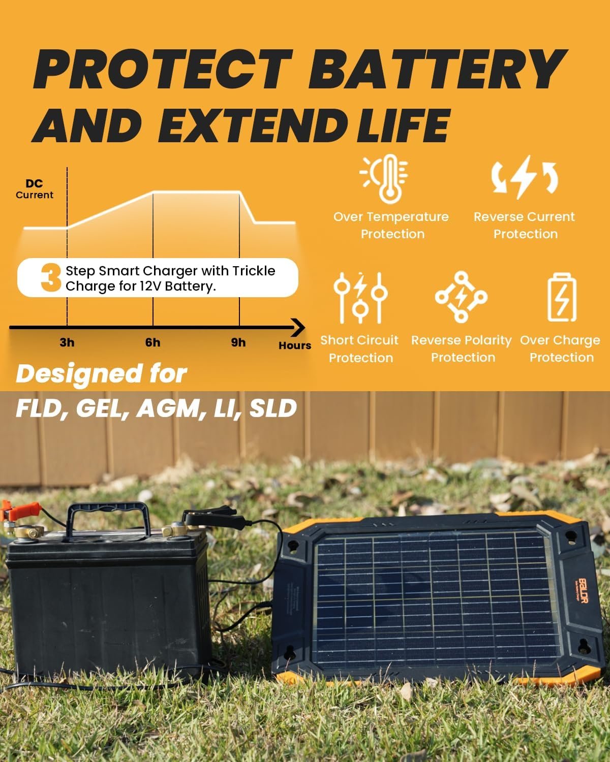 BALDR 12V Solar Battery Charger, 13W Waterproof Dual Sided Battery Maintainer, IP67 MPPT Trickle Charger for Car, Trailer, Lawn Mower, Boat - Image 7