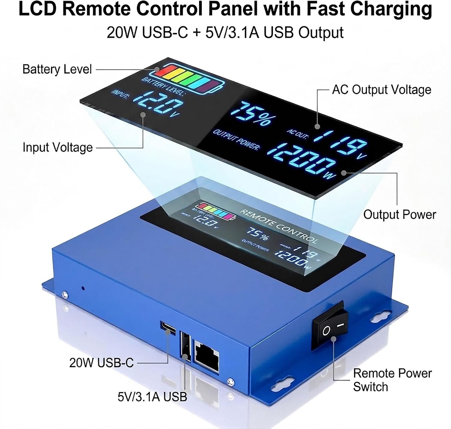 3000w Pure sine Wave Inverter DC 12V to AC 110V/120V Converter, 6000w (Peak) with LCD Display, Wireless/Wired Remote Control, 4AC outlets and 4USB.Ideal for Camping, RV Travel, Off-Grid Solar Systems - Image 4