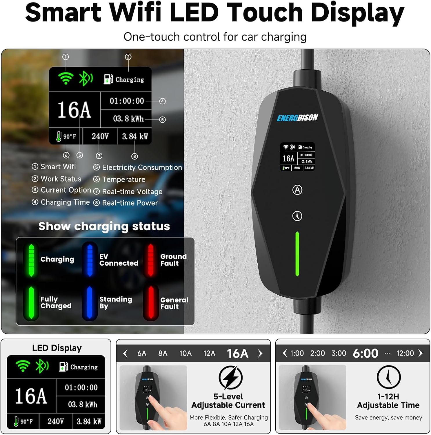 Level 1&2 Portable EV Charger (WiFi) with App Control, 8-16Amp Adjustable Current & Timer, 110V–240V, NEMA 5-15 & 6-20 Plug, 25Ft EV Charging Cable, J1772 Electric Car Charger for All PHEV/EV - Image 3