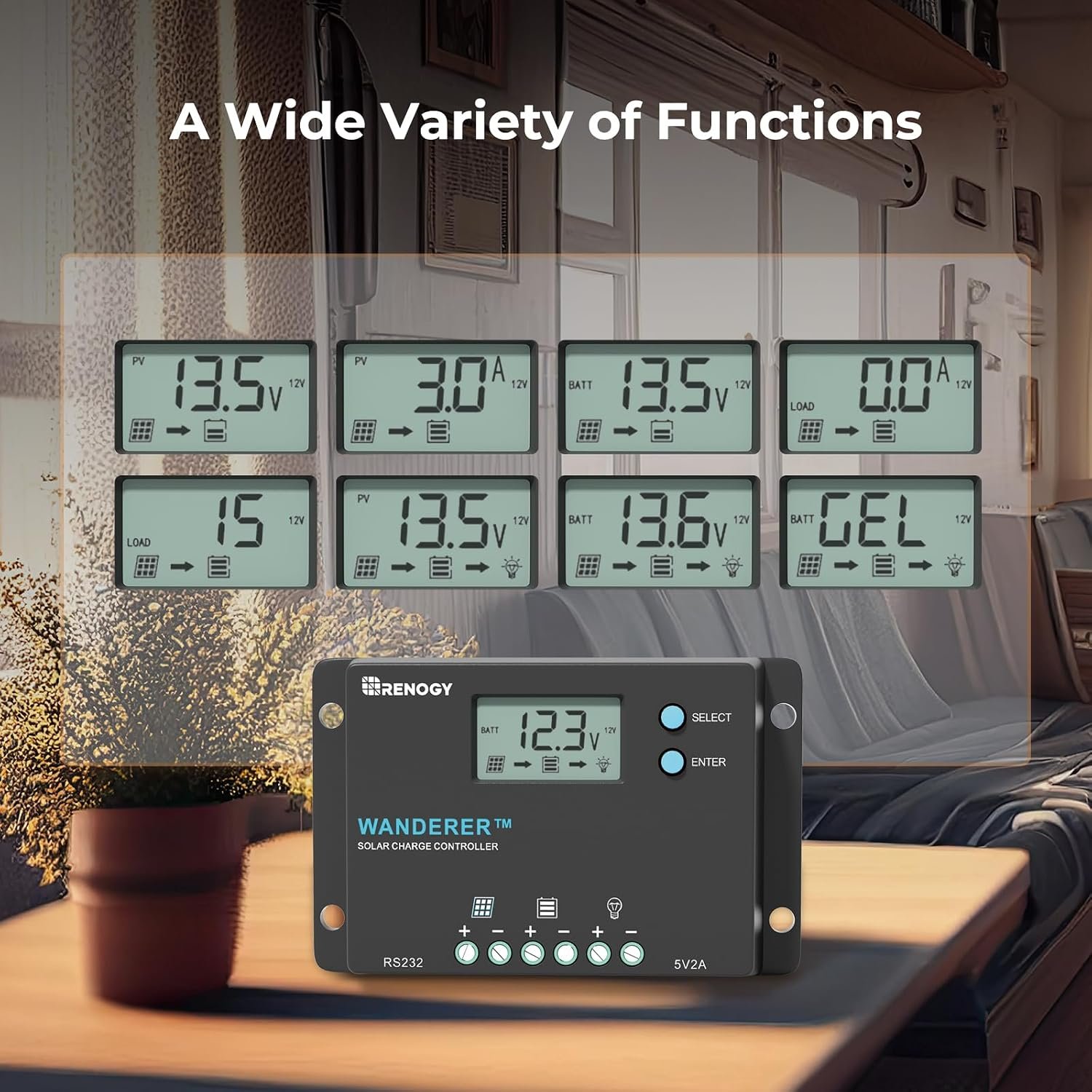 Renogy 12/24V 10A Wanderer PWM Solar Charge Controller for Solar Panels | 50V PV input, AGM/Gel/Flooded (auto), Li (manual), LCD, overcharge/ short protection, negative ground, temp comp, for RVs - Image 6