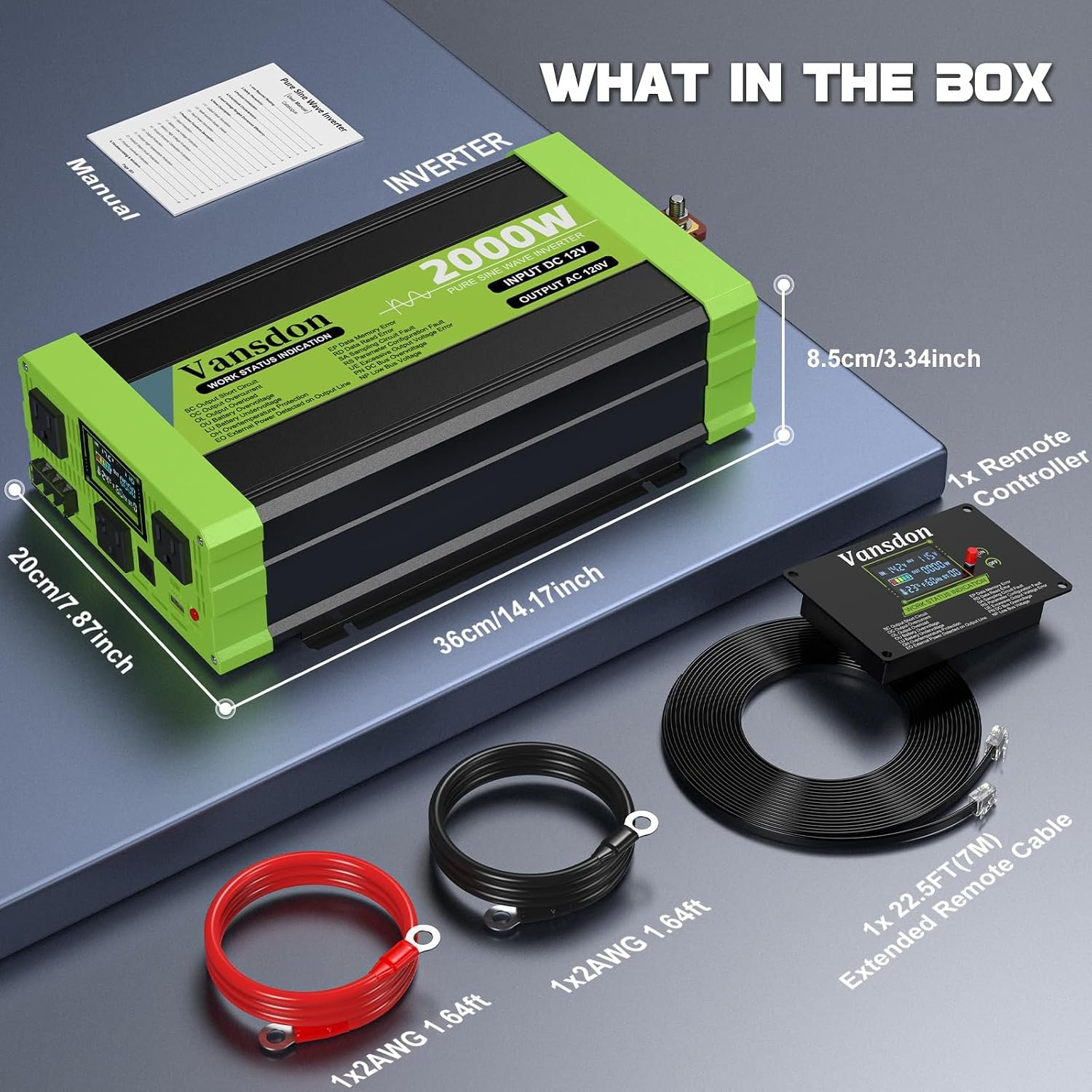 Vansdon 2000W Pure Sine Wave Inverter 12V DC to 120V AC Inverters for RV,Truck, Solar, Home, Off-Grid, Car Power Inverter with LCD Display, 3 AC Outlet, 30W USB-C, USB, Remote Control, Surge 4000W - Image 10