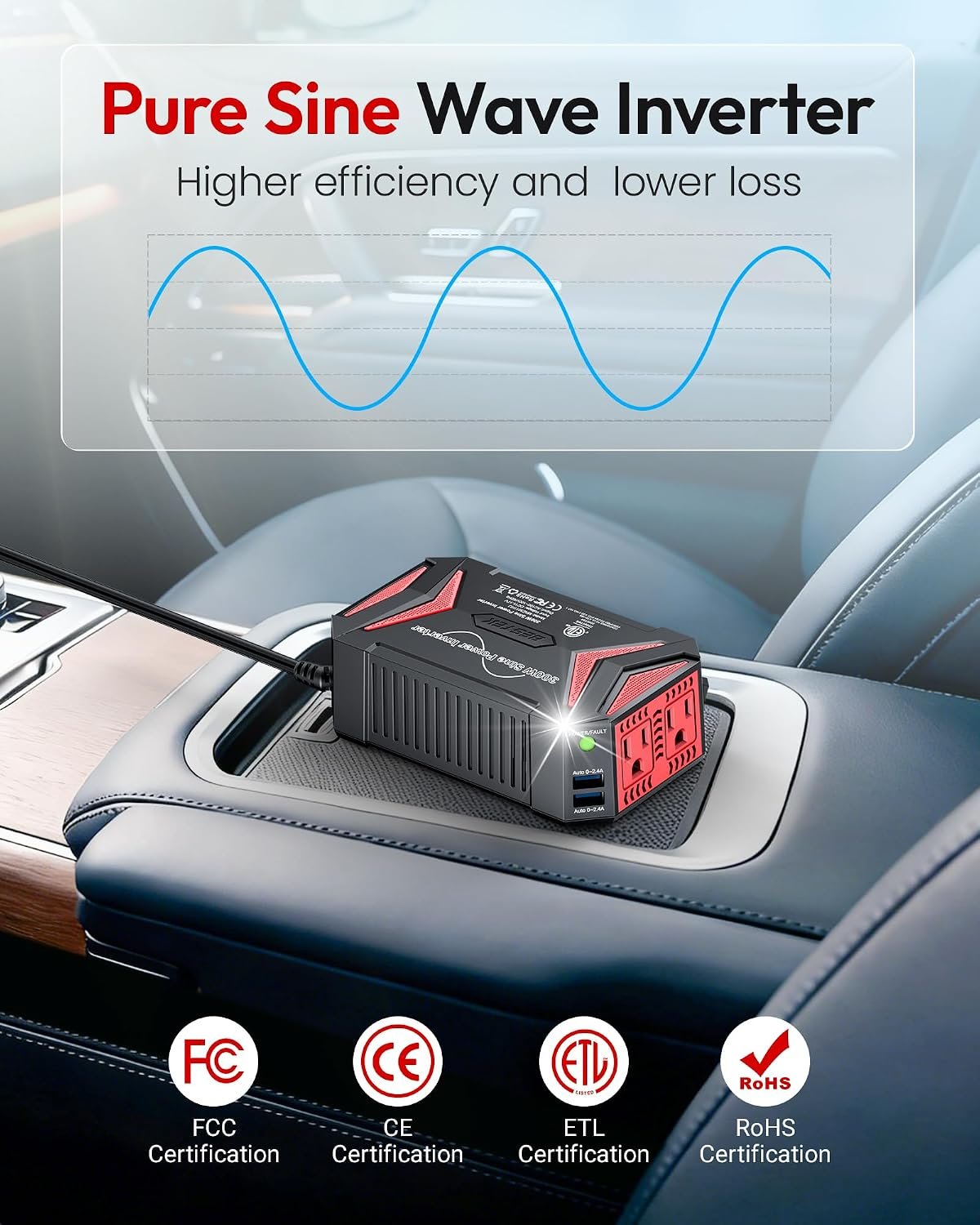 BESTEK Pure Sine Wave Power Inverter, 300W DC 12-17V to 110V AC Car Adapter | Vehicle Plug in Cigarette Lighter Outlet Solar Inverter, 4.8A Dual USB Fast Charging Ports for Phone, Laptop, CPAP(Black) - Image 2