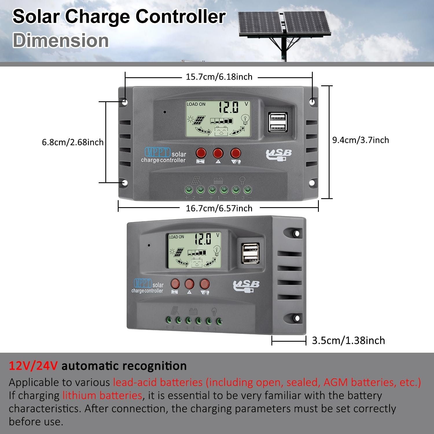 60A MPPT Solar Charge Controller 12V/24V Auto Tracking Solar Panel Regulator with Dual USB Port, LCD Display and 3 Timer Settings Suitable for Lead-Acid/Lithium-Ion/Lithium Iron Phosphate Battery Grey - Image 2