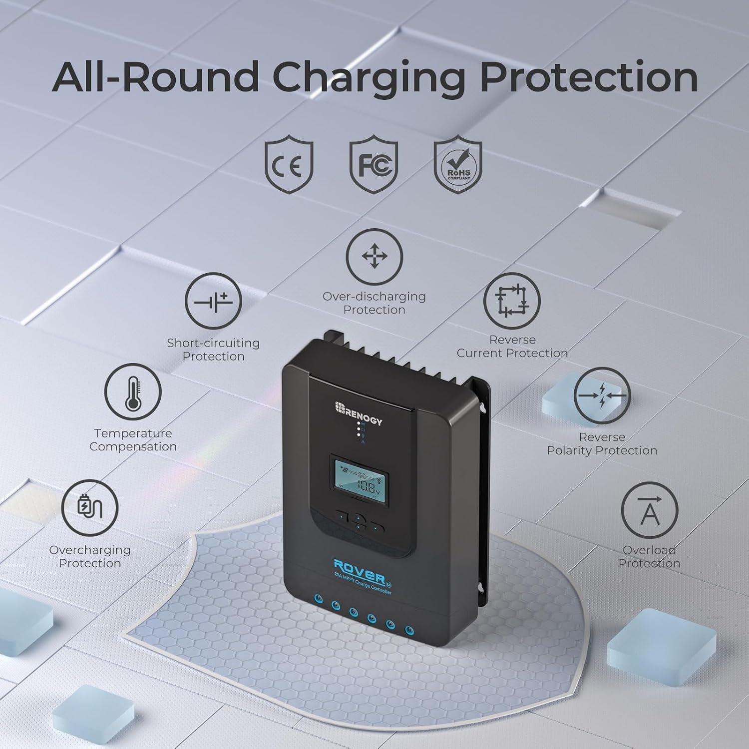 Renogy Solar Charge Controller Rover 20A 12V24V Auto DC Input MPPT Charge Controllers for Solar Panels Adjustable LCD for Gel Sealed Flooded Lithium Batteries | 95V PV input, AGM/Gel/Flooded (auto), Li (manual), MPPT 99% tracking,overcharge/short protection, negative ground, for RVs - Image 5
