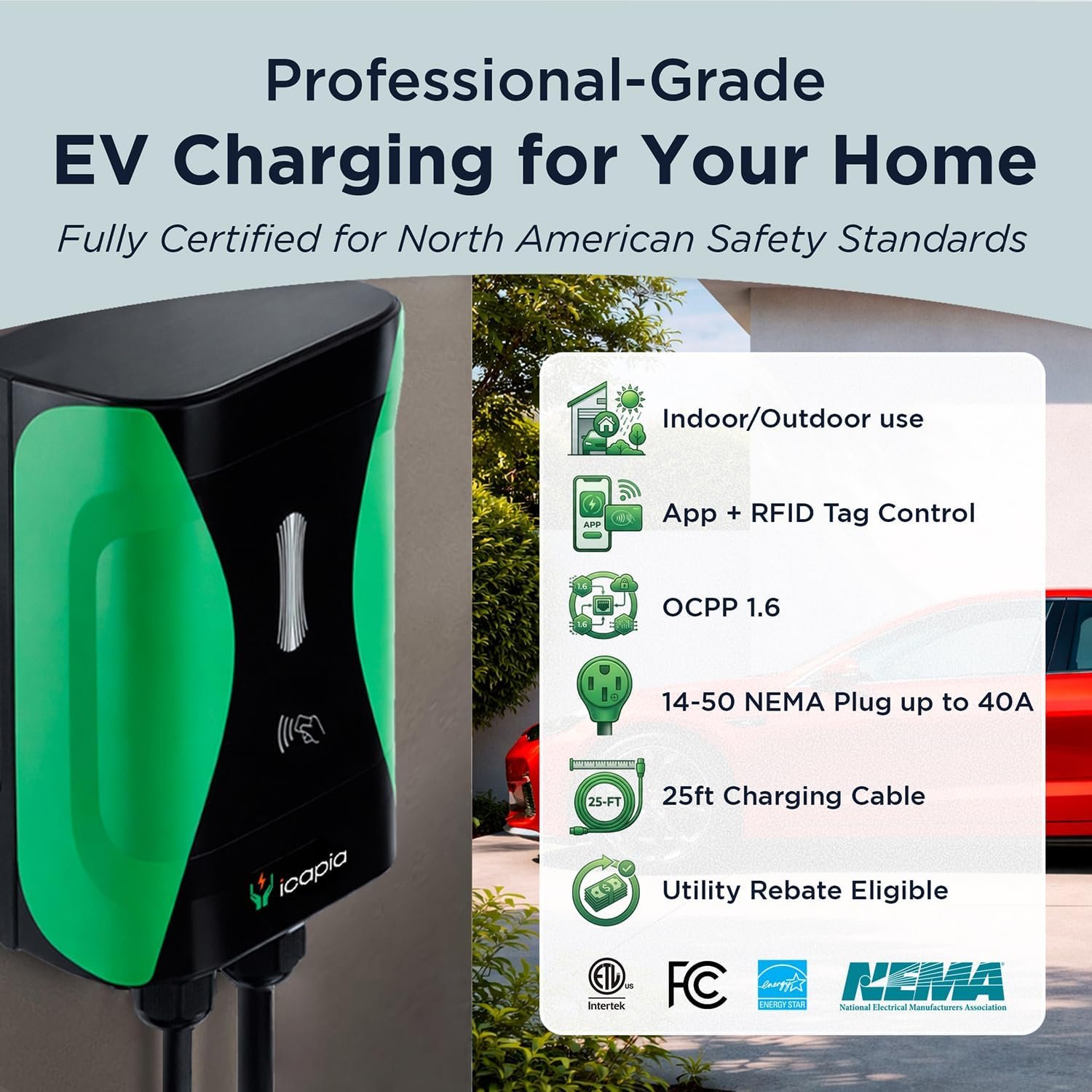 Sapphire Pro Level 2 EV Charger, 240V 40A J1772 NEMA 14-50 Plug, ETL & Energy Star Certified Smart WiFi EV Charging Station for Home, Multi-Family & Workplaces, 25FT Cable, NEMA 4 Weatherproof - Image 2