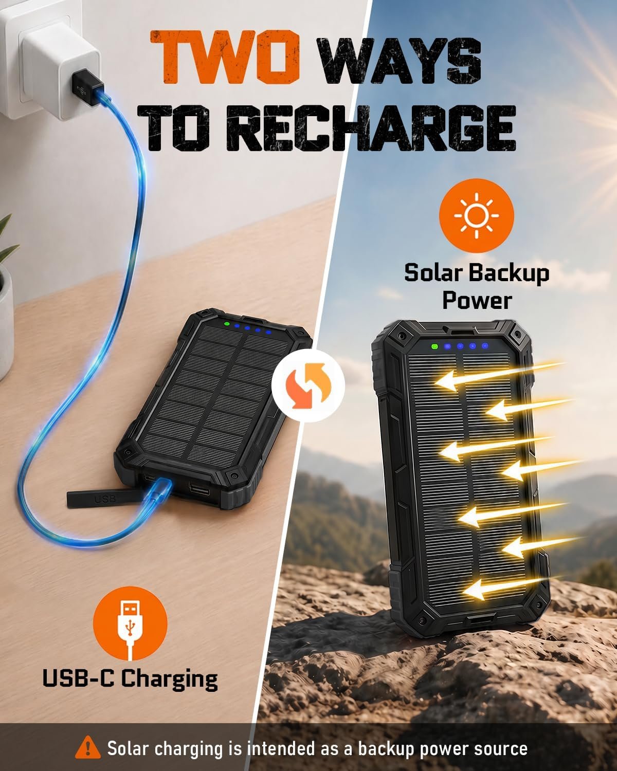 Solar Charger Power Bank - 49800mAh QC3.0 Fast Charging Portable Charger | 5V/3.1A Wireless Solar Battery Charger Built-in 4 Cables with USB C & Flashlight, Power 6 Devices for iPhone/Android(Inky) - Image 6