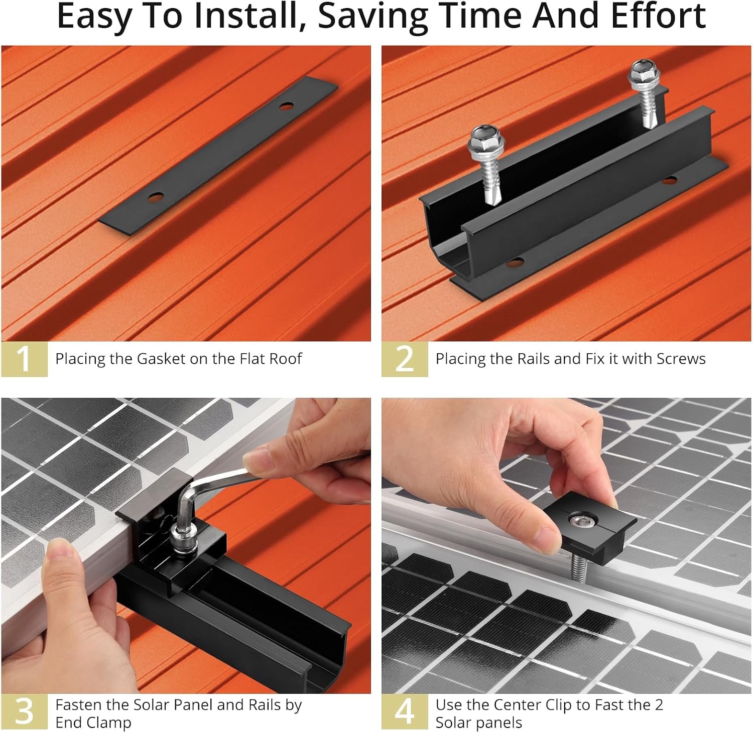 Anbte Solar Panel Mounting Brackets for Roof, Aluminum Solar Rails, Black | Solar Panel Mounting Kit For 4 Panels, Included 10 X 4.72 In Rails+4 End Clamps+6 Center Clamps+1 Wrench, For Roof, RV, Boat - Image 5