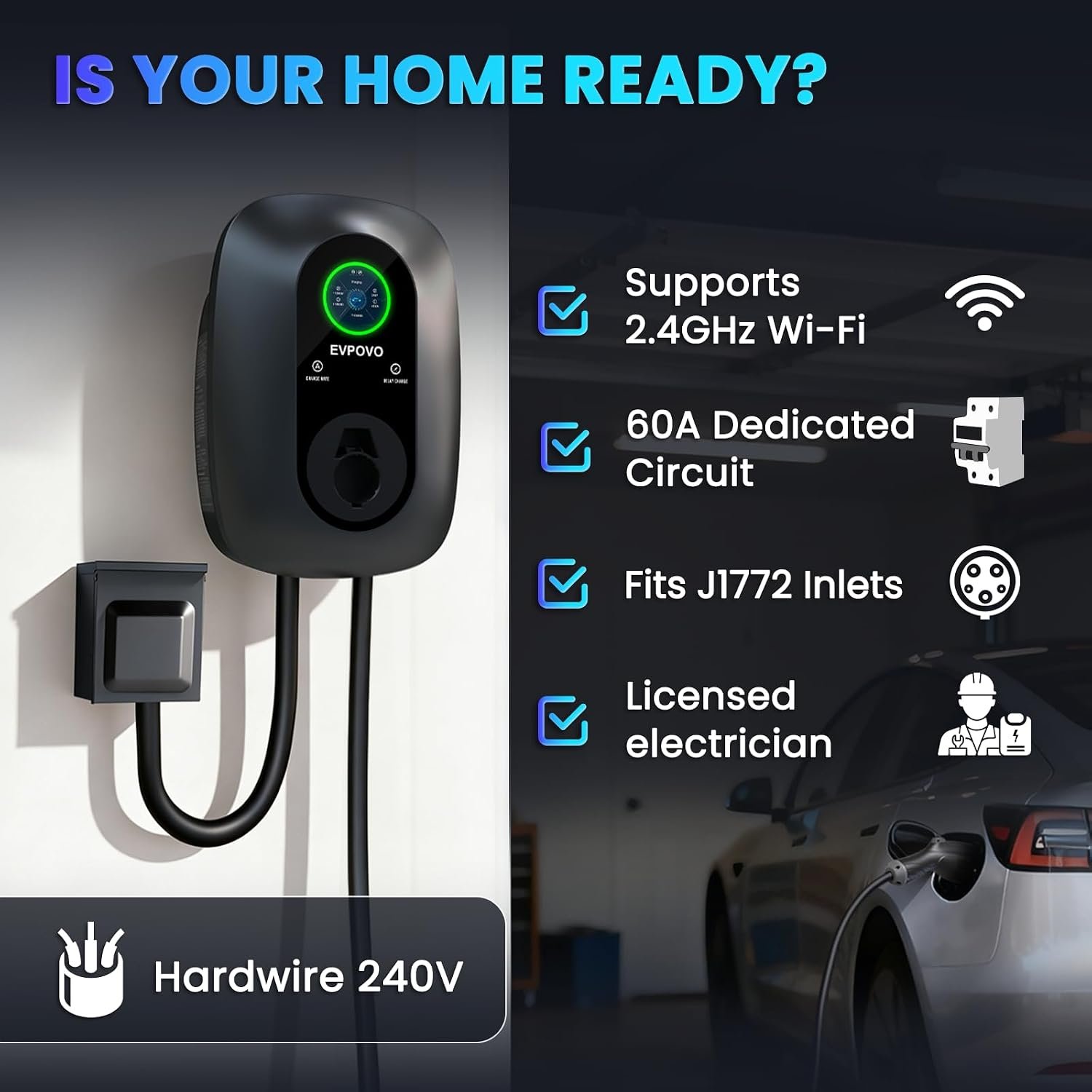 Hardwired Level 2 EV Charger 48 Amp J1772, 240V 11.5kW, 25 ft Cable | EV Charger Level 2, Home Electric Vehicle Charging Station, WiFi Smart App, Adjustable 16-48A, ETL Listed, IP66 Weatherproof - Image 2