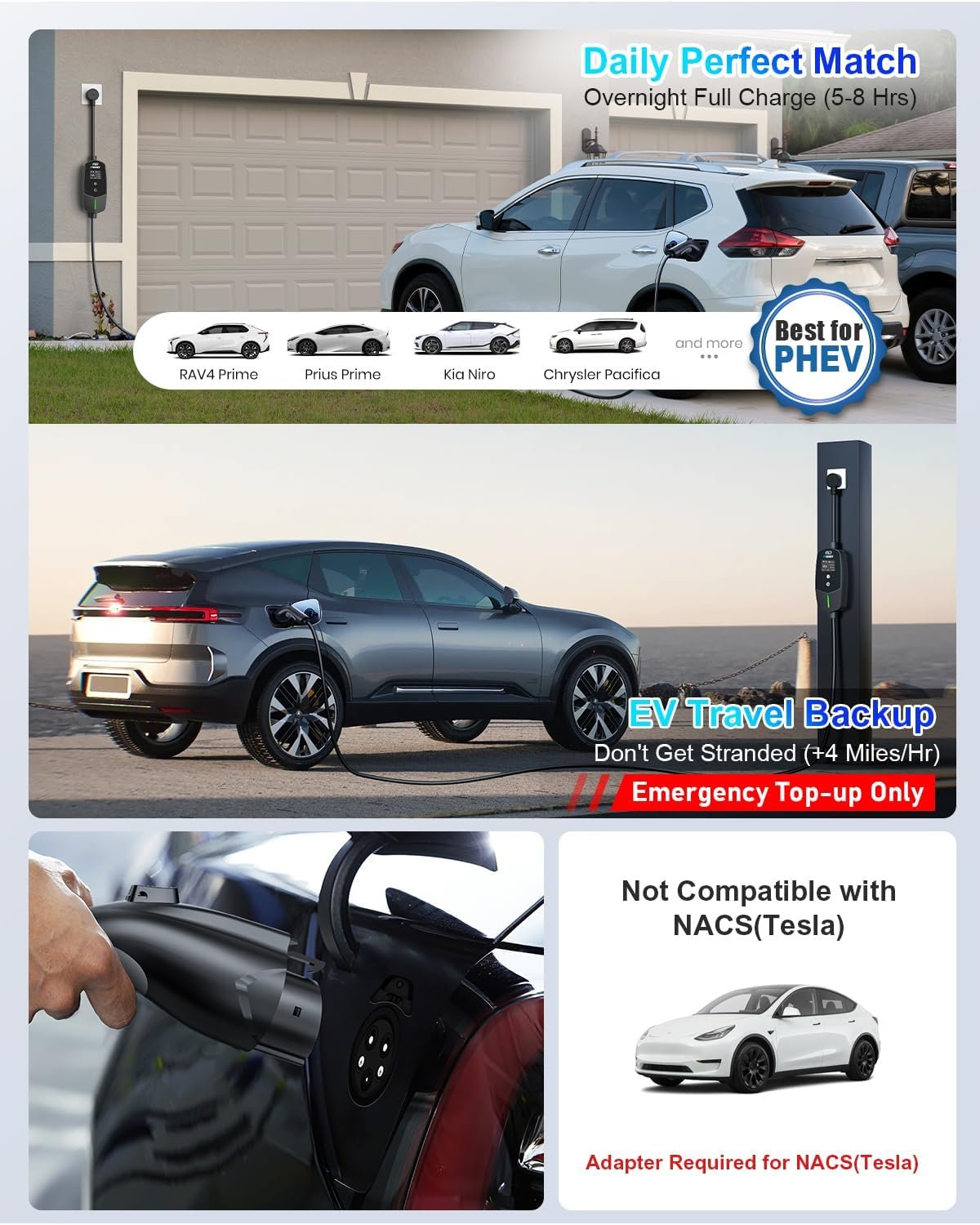 EVDANCE Level 1 & 2 Portable EV Charger, Smart App Control & WiFi/Bluetooth Enabled, 25ft Cable, ETL Listed J1772 EVSE for All EVs & PHEVs (Black, 16A Smart | NEMA 5-15&6-20(Standard Home Plug)) - Image 2