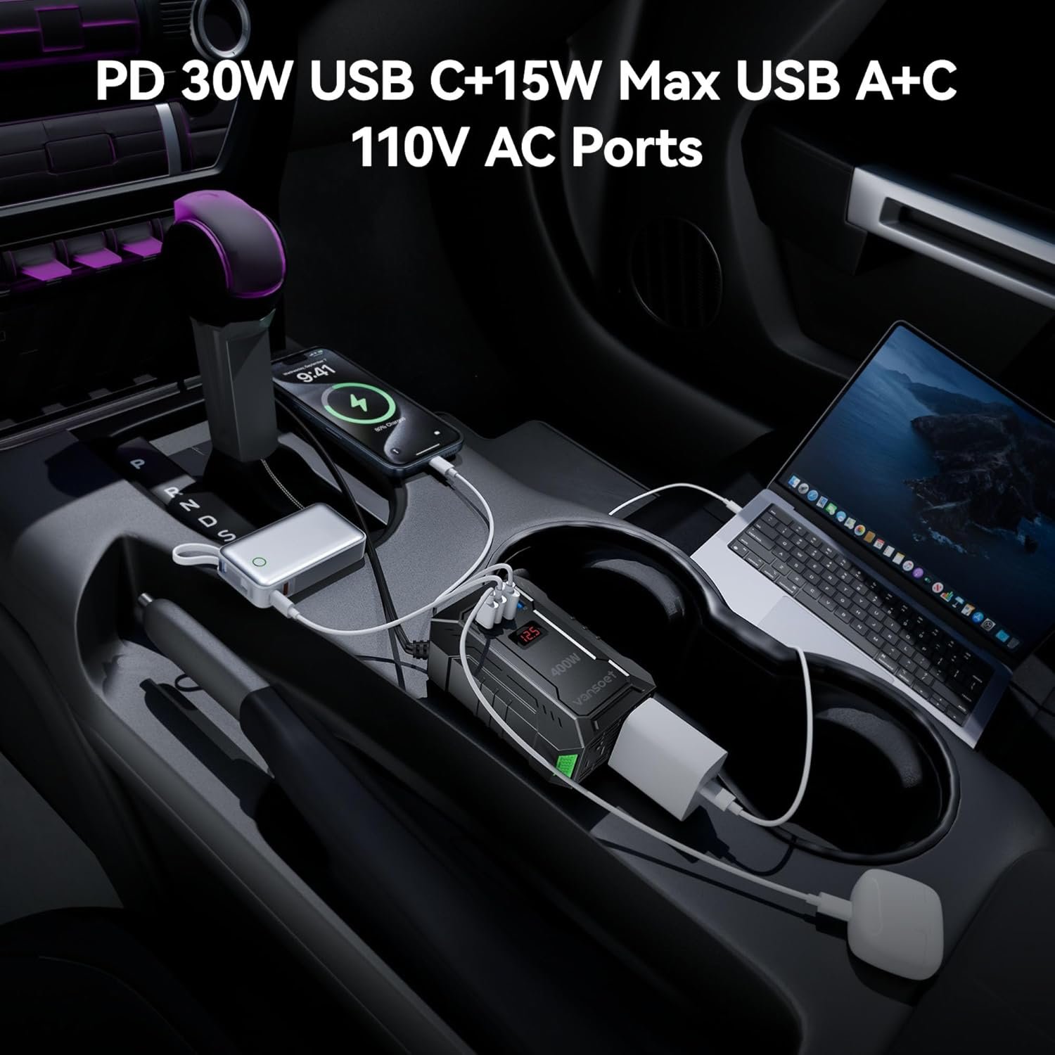 400W Car Power Inverter for Vehicles DC 12V to AC 110V Inverter | PD 30W 15W USB C Ports, 15W USB A/C Ports, Dual AC Outlets, Car Plug Adapter Outlet Converter for Laptop/Road Trip/Camping - Image 6
