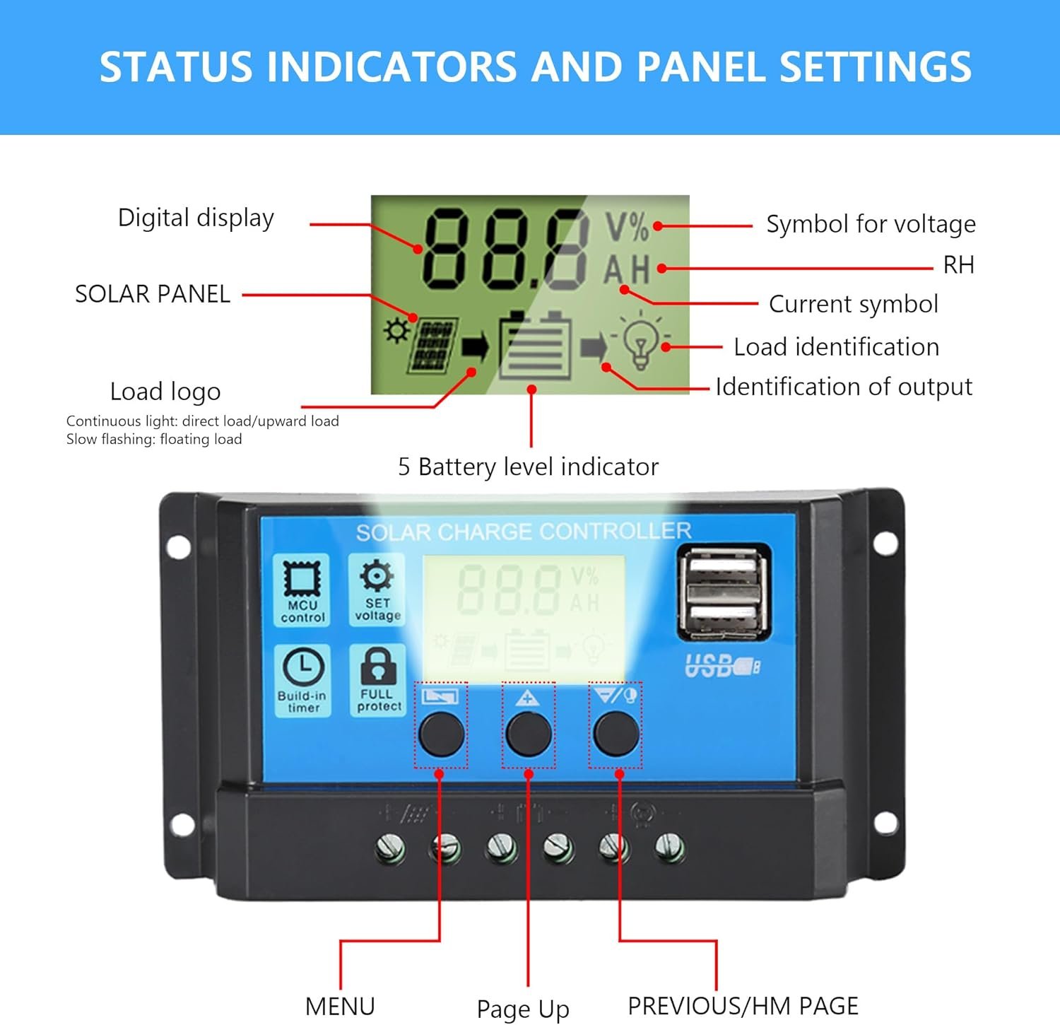 30A Solar Charge Controller 12V/24V Solar Panel Intelligent Regulator | Dual USB Port with LCD Display, PWM Auto Parameter Adjustable, Timer Setting, Multiple Load Control Modes - Image 6