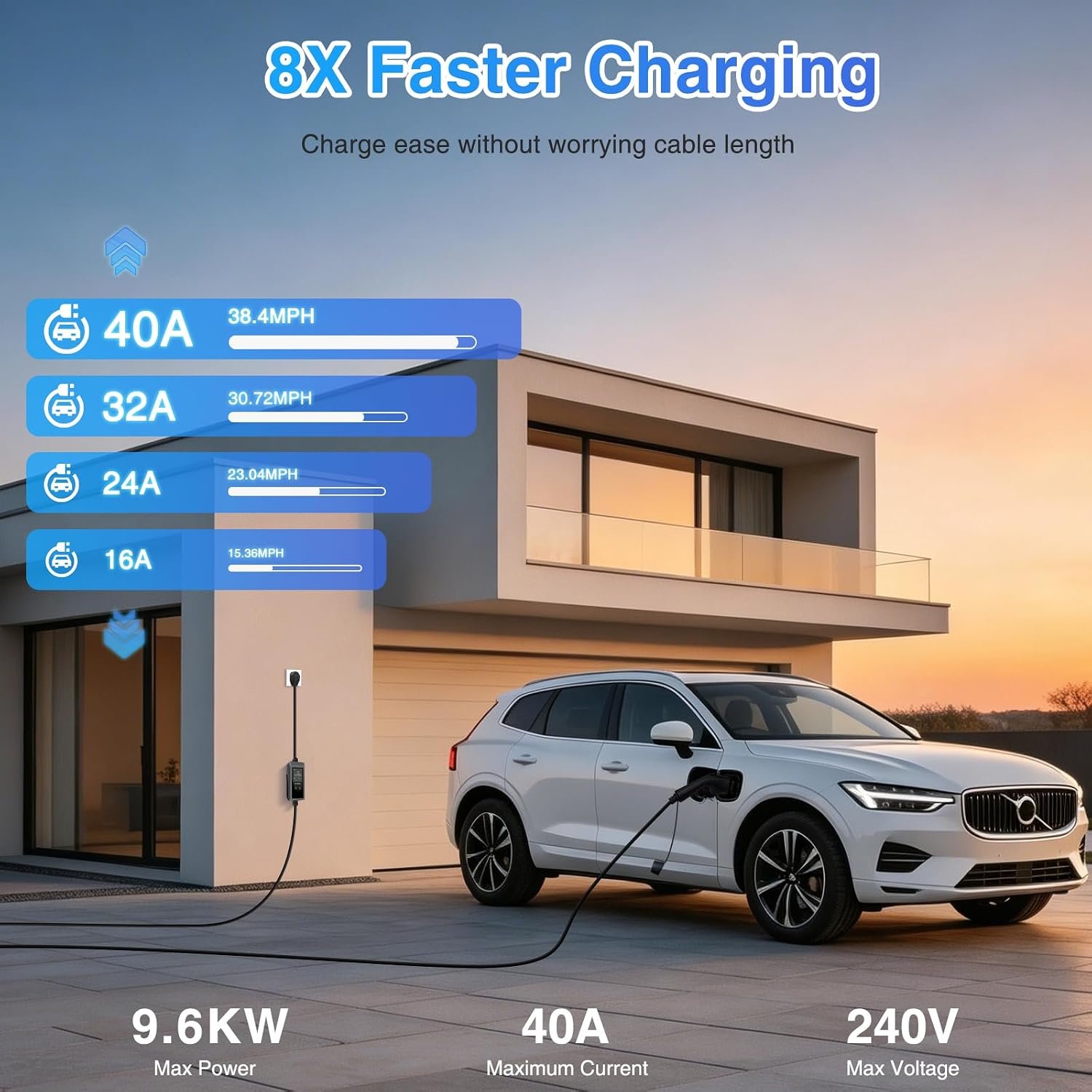 Level 2 EV Charger, 40 Amp 240V 9.6kW, 25ft Cable, LED Display | Portable J1772 Charger EV Car Charging Stations for Home Level 2, NEMA14-50 Plug, Current Adjustable (Tesla Need Adapter) - Image 5