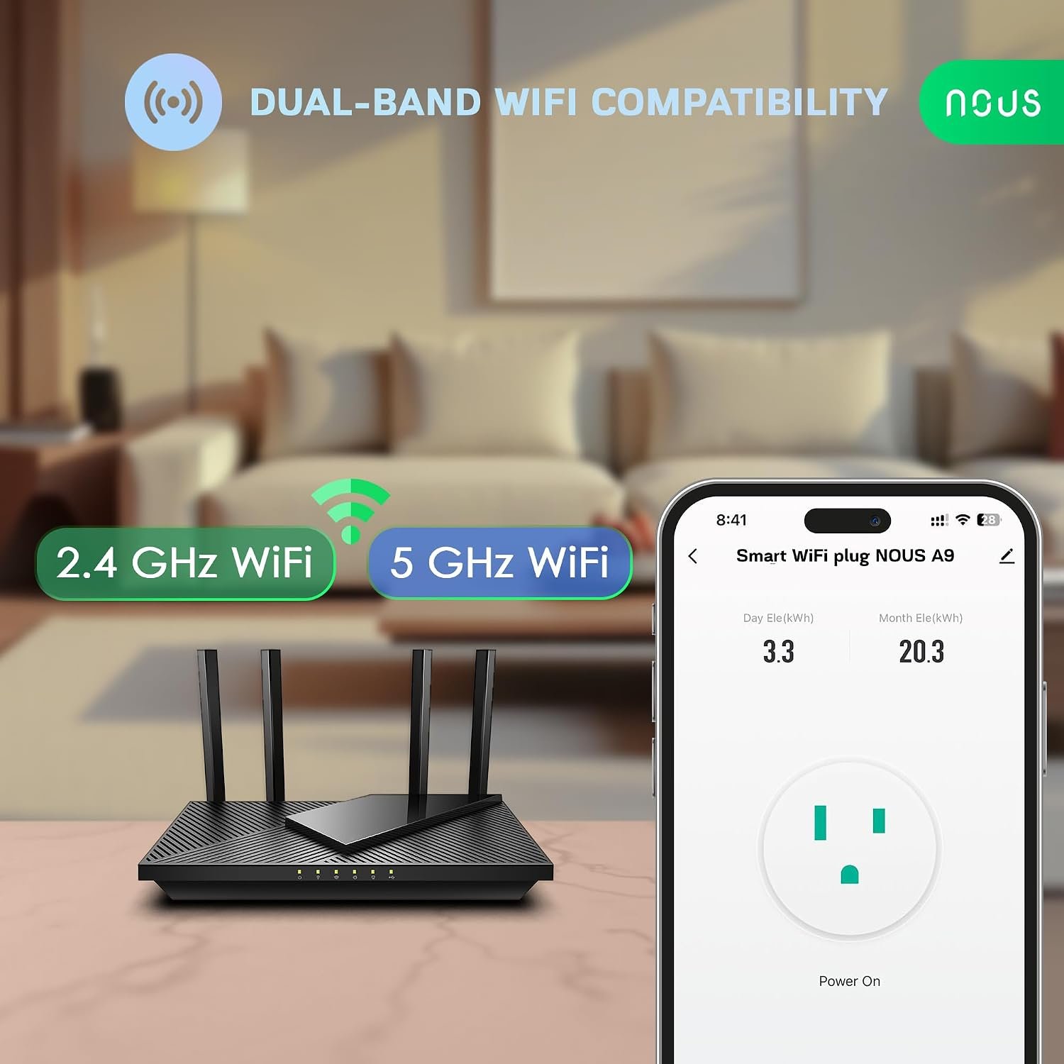 NOUS 5 GHz Wi-Fi Smart Plug 15A, Energy Monitoring, Compatible with Alexa, Google Home, Tuya Smart App, Remote Control, Timer, Compact Design, 1 Pack - Image 3
