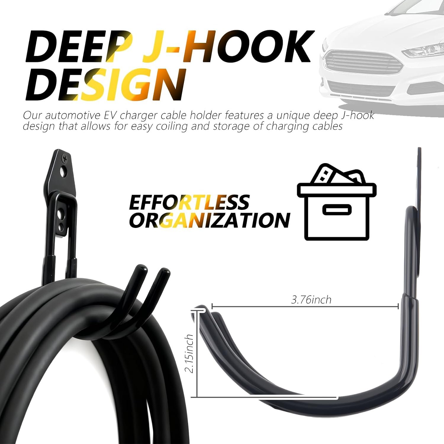 J Hooks EV Charger Holder Wall Mount,66LB Heavy-Duty EV Charging Cable Holder with Non-Slip Coating,Universal EVs Cable Holders as Garage Organizer for Indoor & Outdoor Use - Image 4
