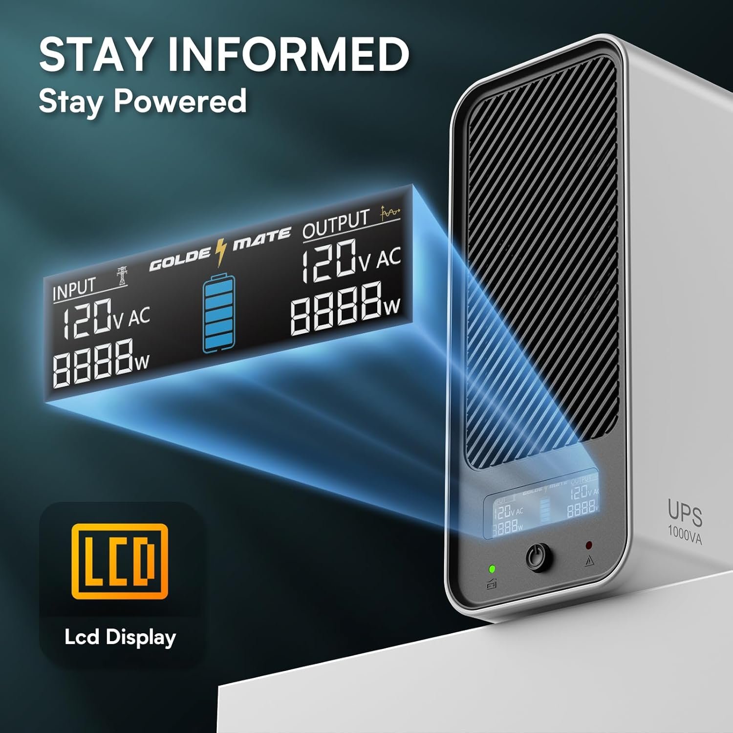 GOLDENMATE 1000VA/800W Lithium UPS Battery Backup & Surge Protector, White | Pure Sine Wave, 8 Outlets, Color LCD, 230Wh LiFePO4 Backup Battery, Uninterruptible Power Supply for PC/Internet/Home Office - Image 8