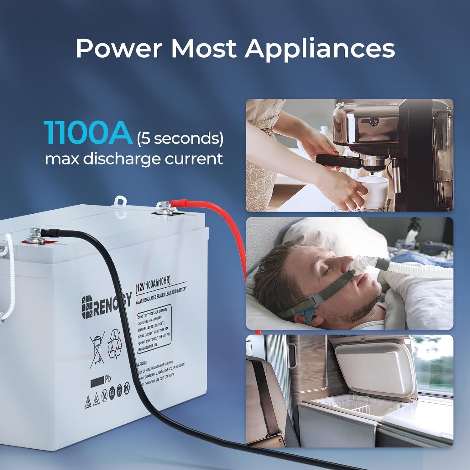 Renogy 12 Volt 100Ah Deep Cycle AGM Battery, Lead Acid Solar Battery | 3% Self-Discharge Rate, 1100A Max Discharge Current, Safe for RV, Camper, Cabin, Home Apliances, Marine and Off-Grid System - Image 4