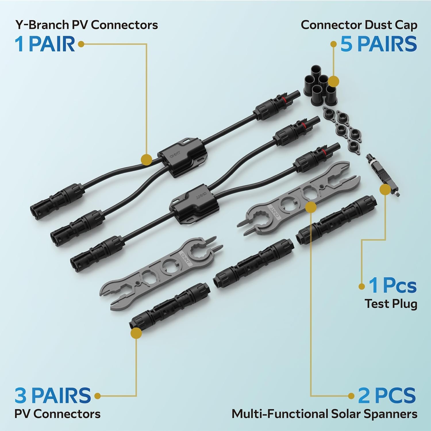 CHINT Solar Y Branch Connector Kit, 10AWG to Dual 12AWG PV Wire, 1500V 30A, UL & TÜV Certified Connectors and Cables, 1 Pair Y-Splitter with 3 Pairs Connectors & 5 Pairs Dust Caps & Spanners - Image 8