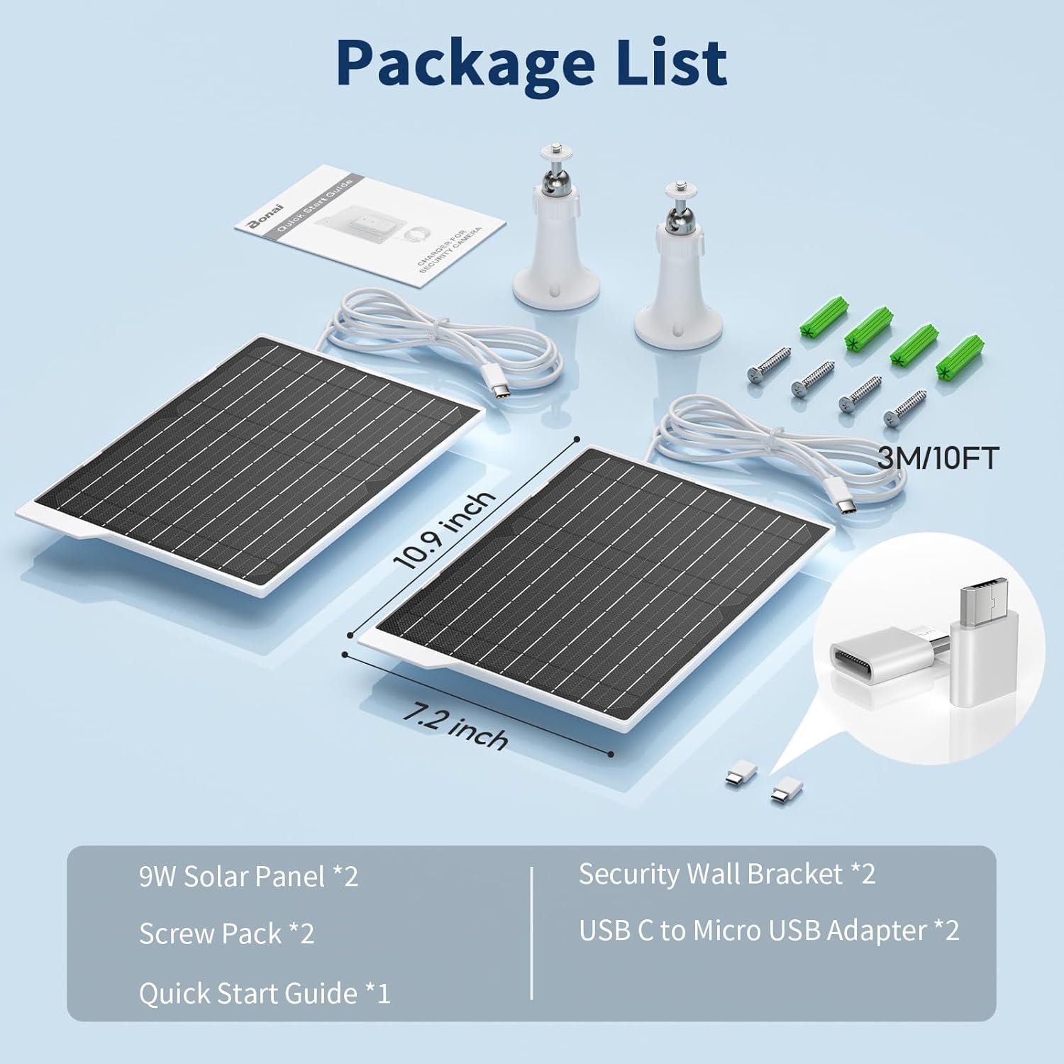 2 Pack 9W Solar Panels- IP65 Waterproof, High Efficiency Charger with 10FT USB-C Cable and Micro USB Adapter, Works in -4°F~176°F, for Outdoor Cameras, Smartphones and All DC 5V Devices - Image 7
