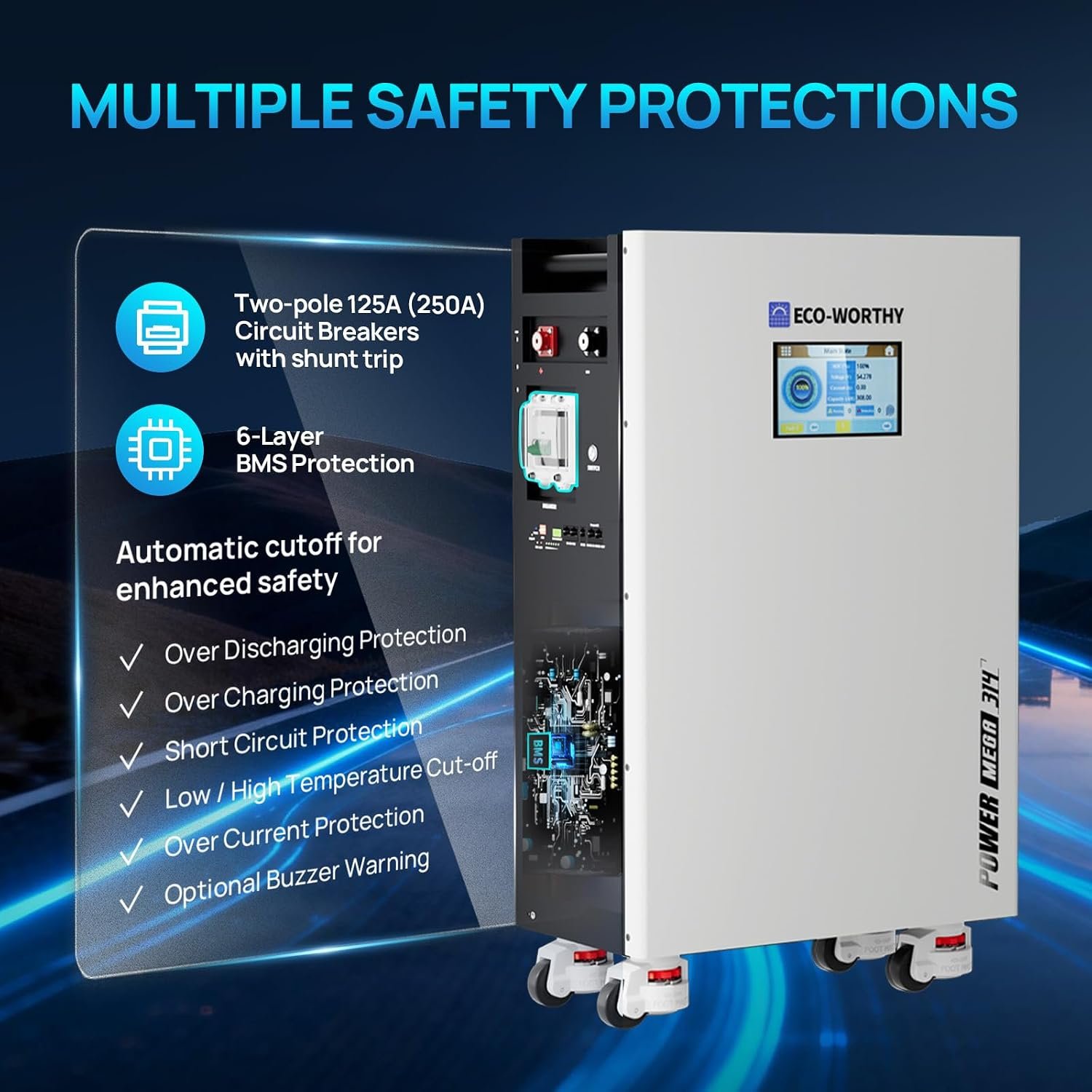 ECO-WORTHY Powermega 48V 314Ah LiFePO4 Battery, 16.1kWh Energy Storage | with Breakers, 200A Active Balancing BMS, Aerosol Fire Protection, 7" LCD and Bluetooth - Image 5