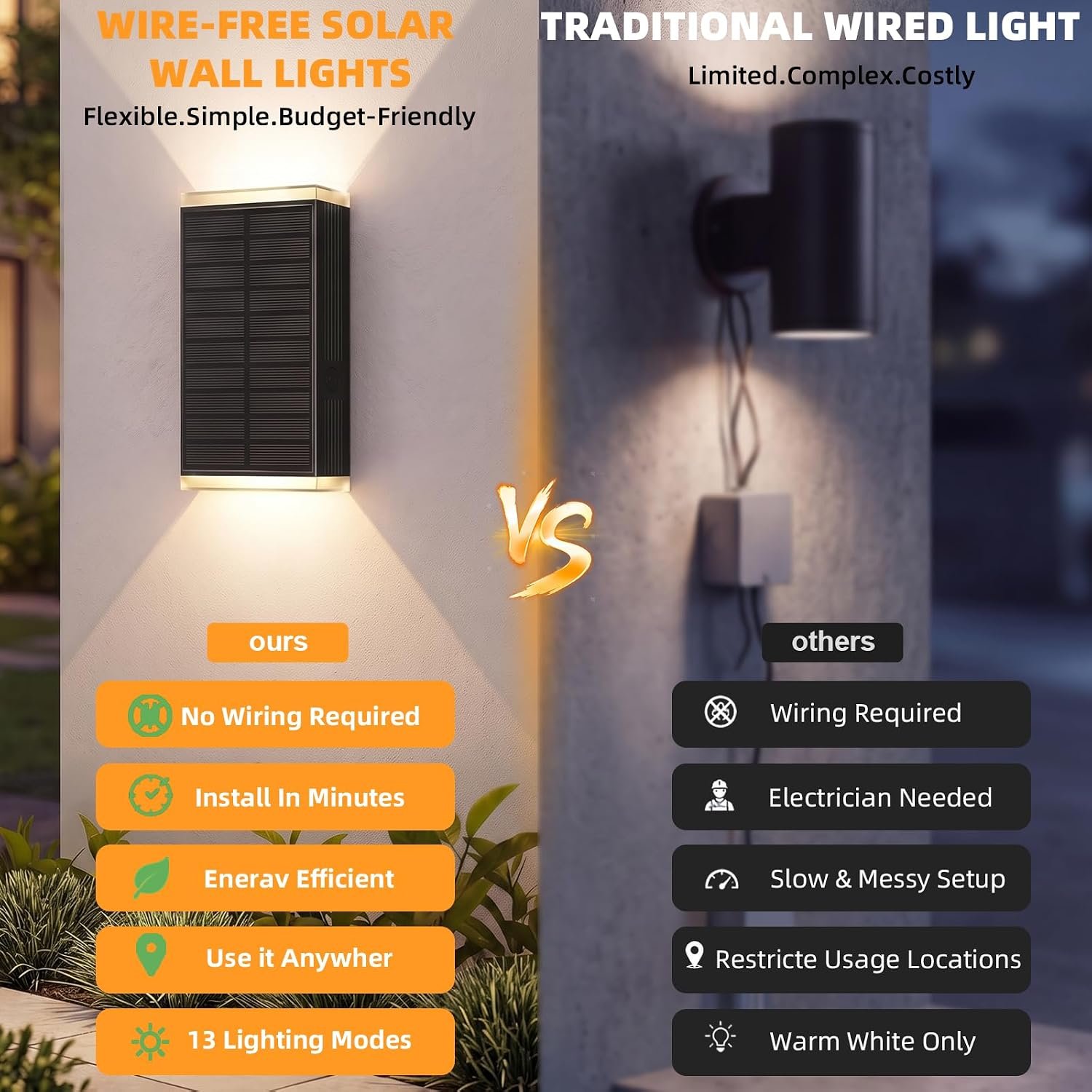 4Pack Solar Wall Lights Outdoor, 13 Modes Dusk to Dawn Up Down Wall Sconce | Focused Beam 3CCT+RGB 13Colors Changing IP67 Waterproof LED Solar Lights Outdoor for House,Front Door,Garage,Patio,Porch,Shed - Image 2