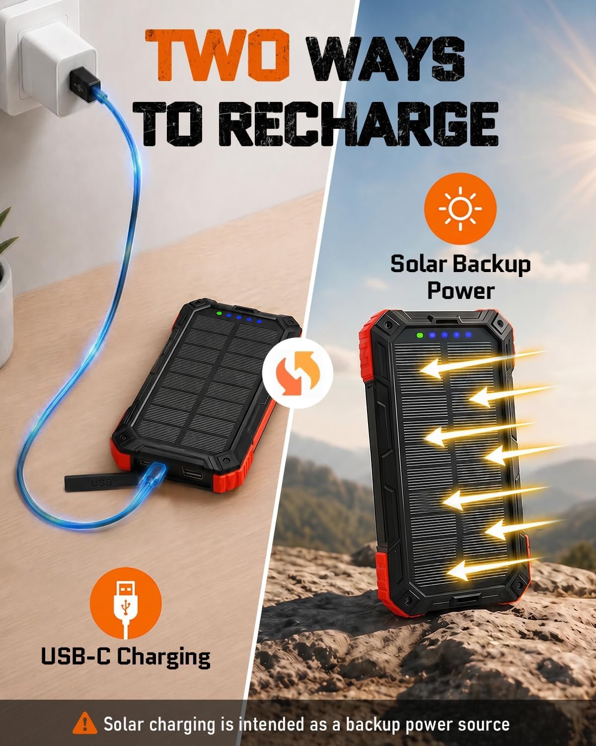 Solar Charger Power Bank -49800mAh QC3.0 Fast Charging Portable Charger Red | 5V/3.1A Wireless Solar Battery Charger Built-in 4 Cables with USB C & Flashlight, Power 6 Devices for iPhone/Android - Image 6