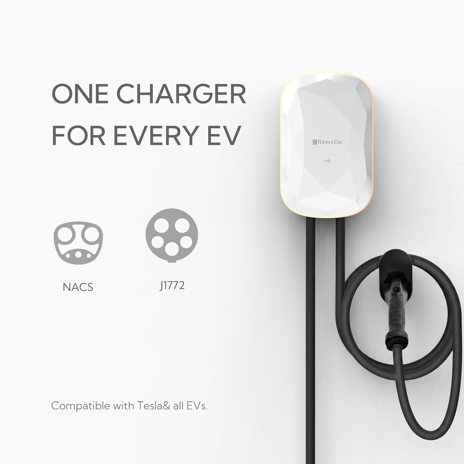 RIPPLEON Level 2 EV Charger - Hardwired/48Amp/11.5KW/240V, UL2594, ETL, FCC | Compatible for All North American EVs/EV Charger Level 2 with Dual Plug Type - 25ft Cable/Smart App/Weatherproof/Lunar Pearl - Image 3