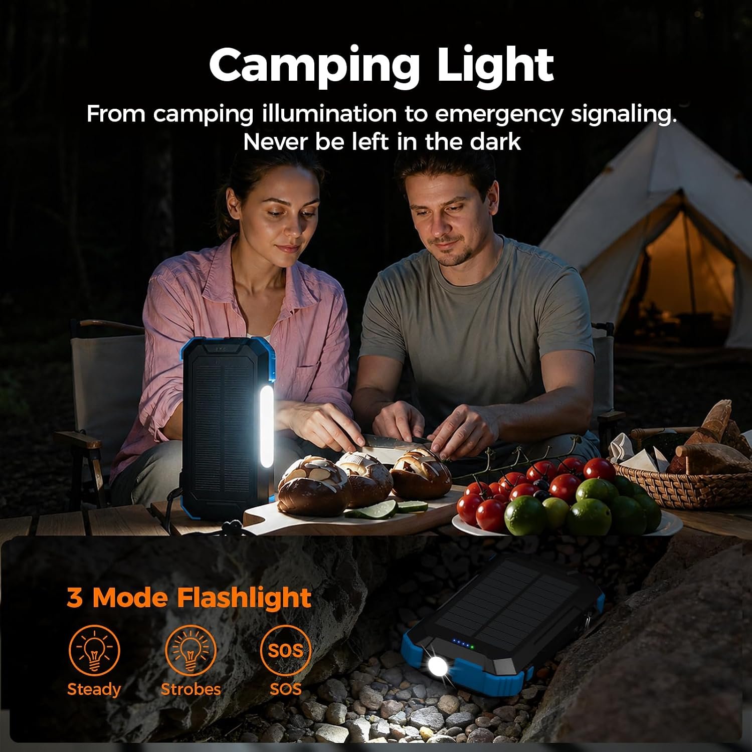BLAVOR Solar Charger Power Bank Built-in Retractable USB-C Cable, 20000mAh Wireless Magnetic Portable Charger with Camping Light, Flashlight, 20W Fast Charging Battery Pack for Outdoor Camping Hiking - Image 5