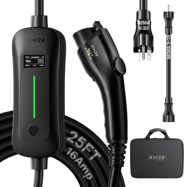 Level 1&2 EV Charger, Level 1 EV Charger, 12/16 Amp Portable EV Charger with 25FT Cable, 120V-240V NEMA 6-20 Plug/5-15 Adapter, J1772 Charger for BEVs/PHEVs, Electric Vehicle Charging Stations
