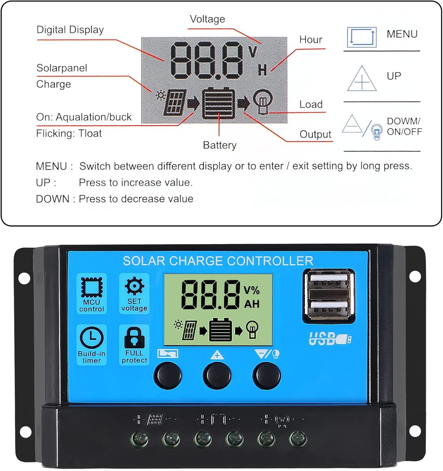 ACEIRMC 2pcs 30A Solar Charge Controller 12V/ 24V Solar Panel Charge Controller Intelligent Regulator with 5V Dual USB Port Display Adjustable Parameter LCD Display and Timer Setting ON/Off Hours - Image 4