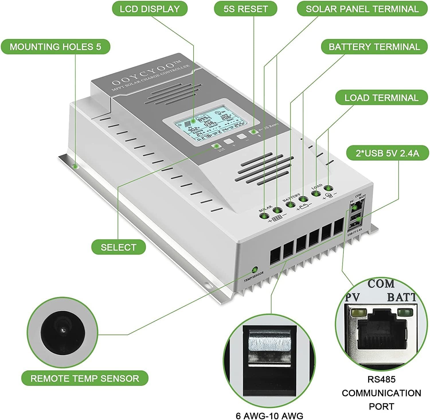 MPPT Charge Controller 100 amp 12V/24V Auto, 100A Solar Panel Charge Regulator with Blacklight LCD Display Max 100V for Lead-Acid Sealed Gel AGM Flooded Lithium Battery(+1.5M LCD485) - Image 3