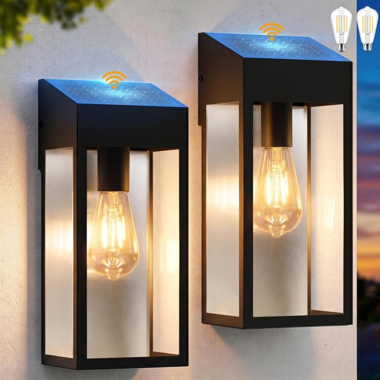 12” Outdoor Solar Wall Lights Dusk to Dawn Included E26 Bulbs 2PK | Black Exterior Solar Porch Lights, Outdoor Solar Sconce Lights Waterproof, Quick & Easy Installation, for Garden Front Door