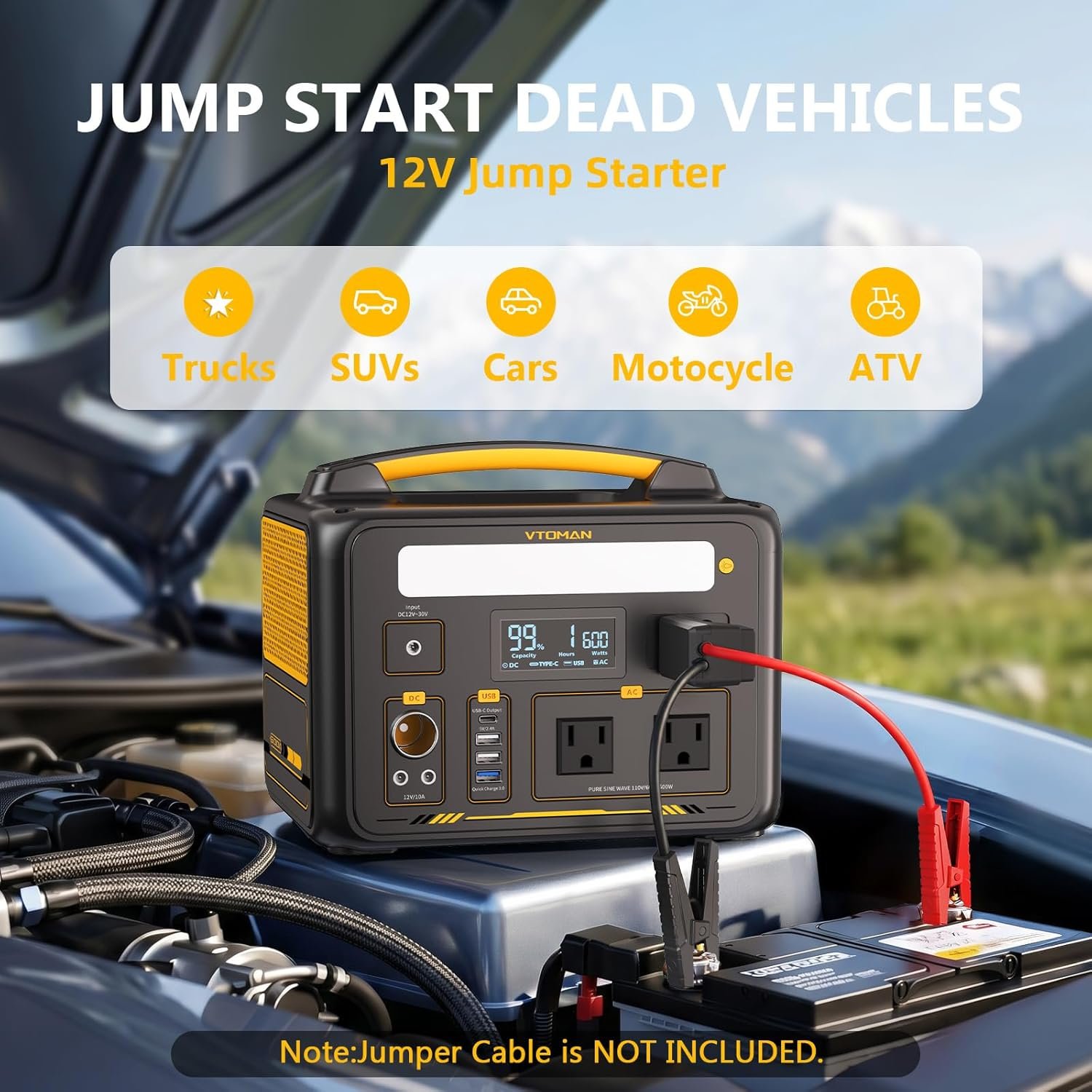 VTOMAN Jump 600X Portable Power Station 600W, 299Wh LiFePO4 Battery | 1200W Surge AC Outlet, PD 60W USB-C, 2-In-1 Solar Generator with Jump Start for Blackout, Camping, Outage and Road Trip - Image 4