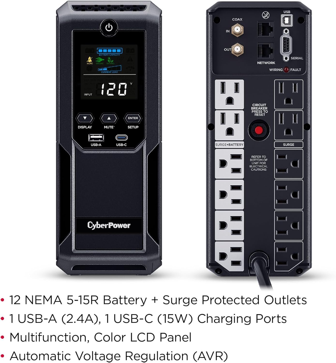 CyberPower CP1500AVRLCD3 Intelligent LCD UPS Battery Backup | 1500VA/900W, 12 Outlets, 2 USB Ports, AVR, Mini Tower, UL Certified - Image 5