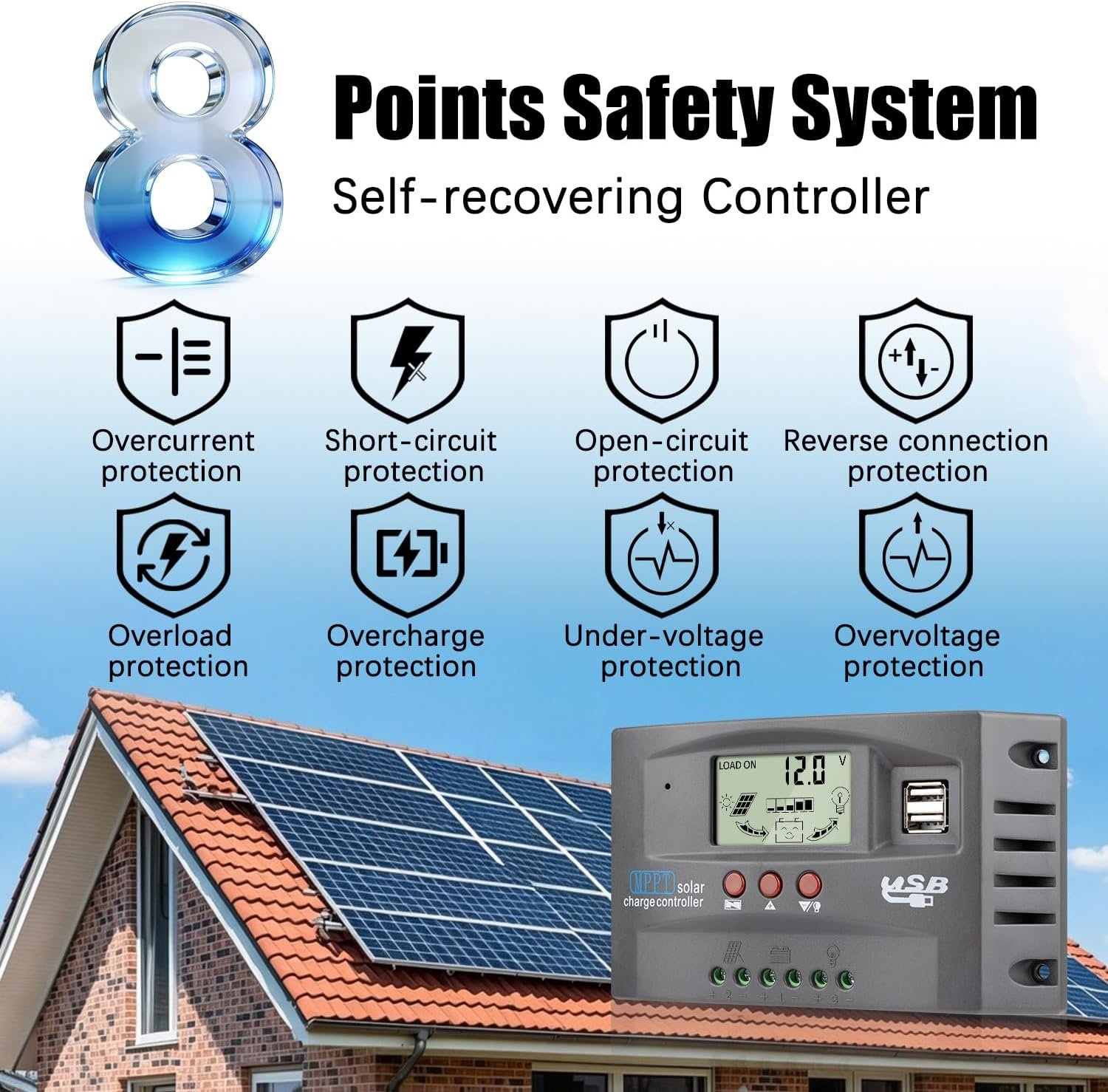 100A MPPT Solar Panel Controller 12V/24V Auto Solar Charge Intelligent Regulator for Lead-Acid Open Sealed AGM and Li Battery Solar Battery Controller with 2 USB Ports/LCD Display/3 Work Modes Grey - Image 6
