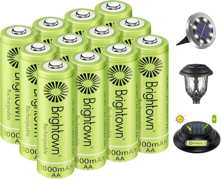 Brightown 12 Pack Rechargeable AA Batteries, 1000mAh 1.2V NiMH | Double A Batteries Long Lasting for Solar Lights & Home Devices, Recharge up to 1000x Times, Pre-Charged