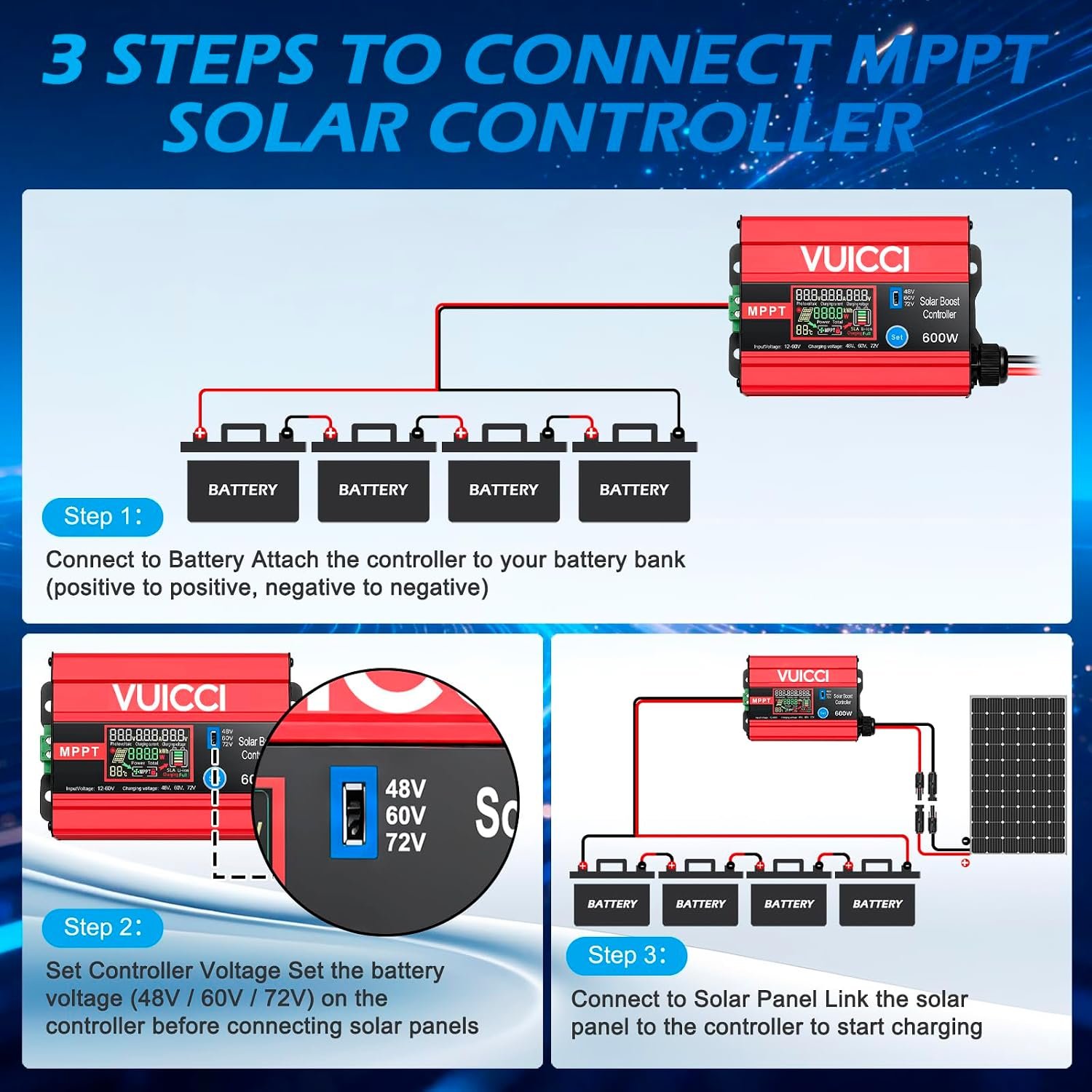 15A Boost MPPT Solar Charge Controller 600W | 12-60V to 48V/60V/72V Step-Up | LiFePO4/Ternary Lithium/Lead-Acid/AGM/Gel | Color LCD | 99% Tracking | RV Golf Cart Off-Grid | 1-Year Warranty - Image 7