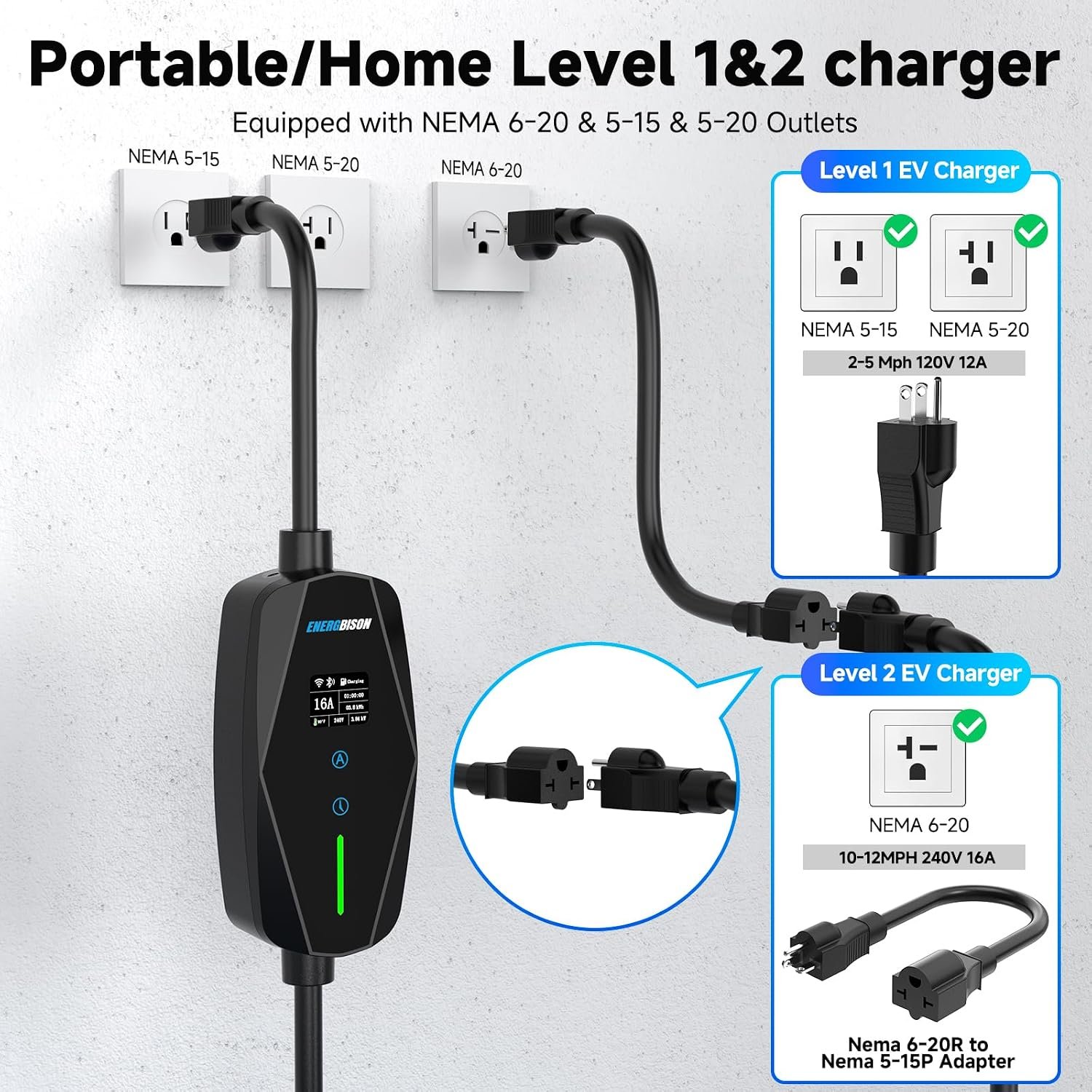 Level 1&2 Portable EV Charger (WiFi) with App Control, 8-16Amp Adjustable Current & Timer, 110V–240V, NEMA 5-15 & 6-20 Plug, 25Ft EV Charging Cable, J1772 Electric Car Charger for All PHEV/EV - Image 2