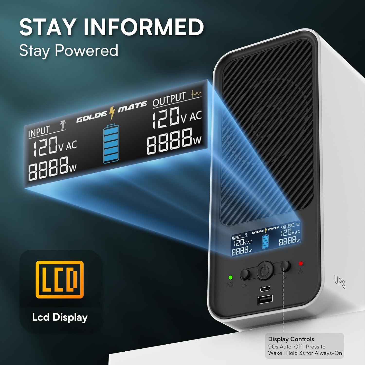 GOLDENMATE 1500VA/1000W Lithium UPS Battery Backup & Surge Protector, White | Pure Sine Wave, 8 Outlets & 2 USB Ports, LCD Display, 230Wh LiFePO4 Battery Backup for PC/NAS/Home Offices - Image 8