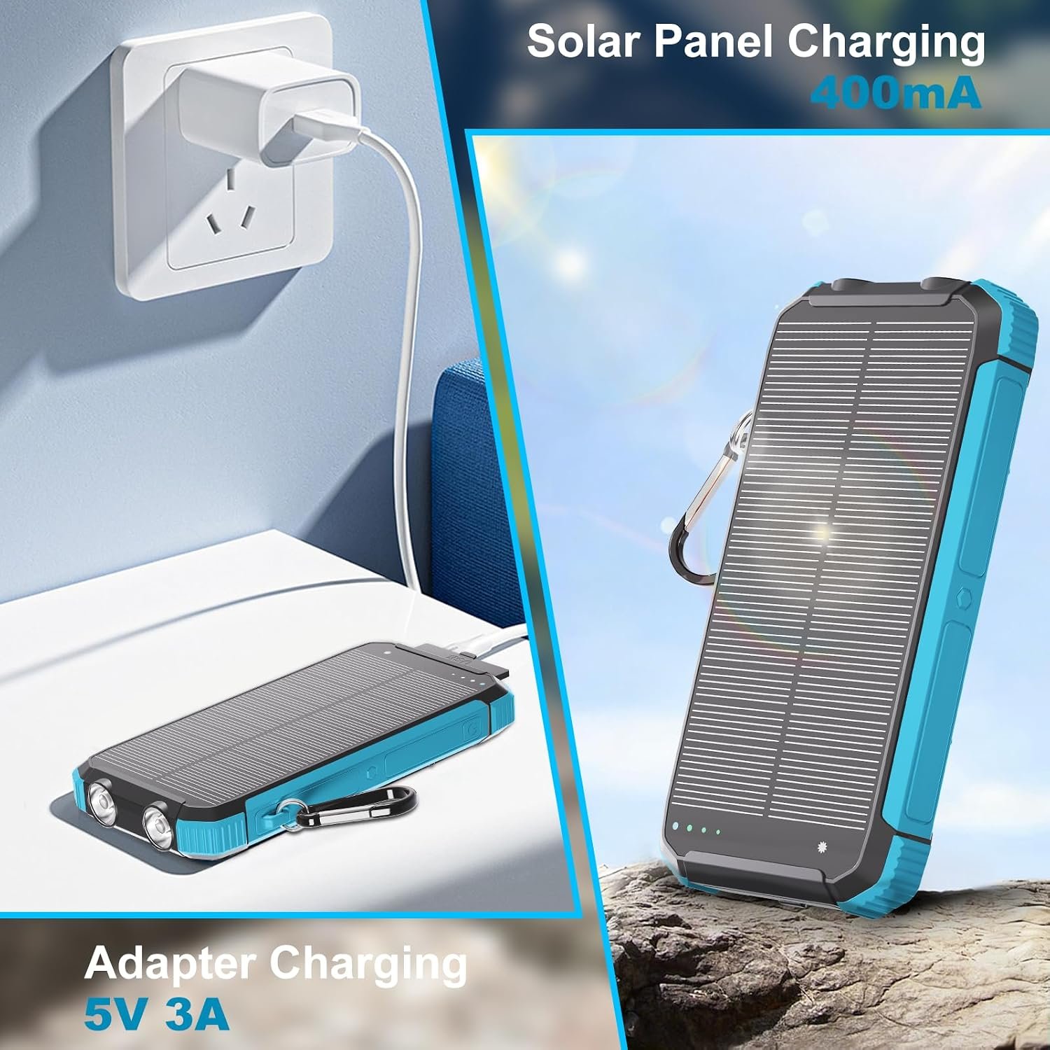 Solar Charger Power Bank 20000mAh, Wireless Fast Charging Battery Pack with 3 Built-in Cables & USB-C Input, Dual LED Flashlights, Portable Phone Charger for Camping, Travel & Emergency Use (Blue) - Image 4