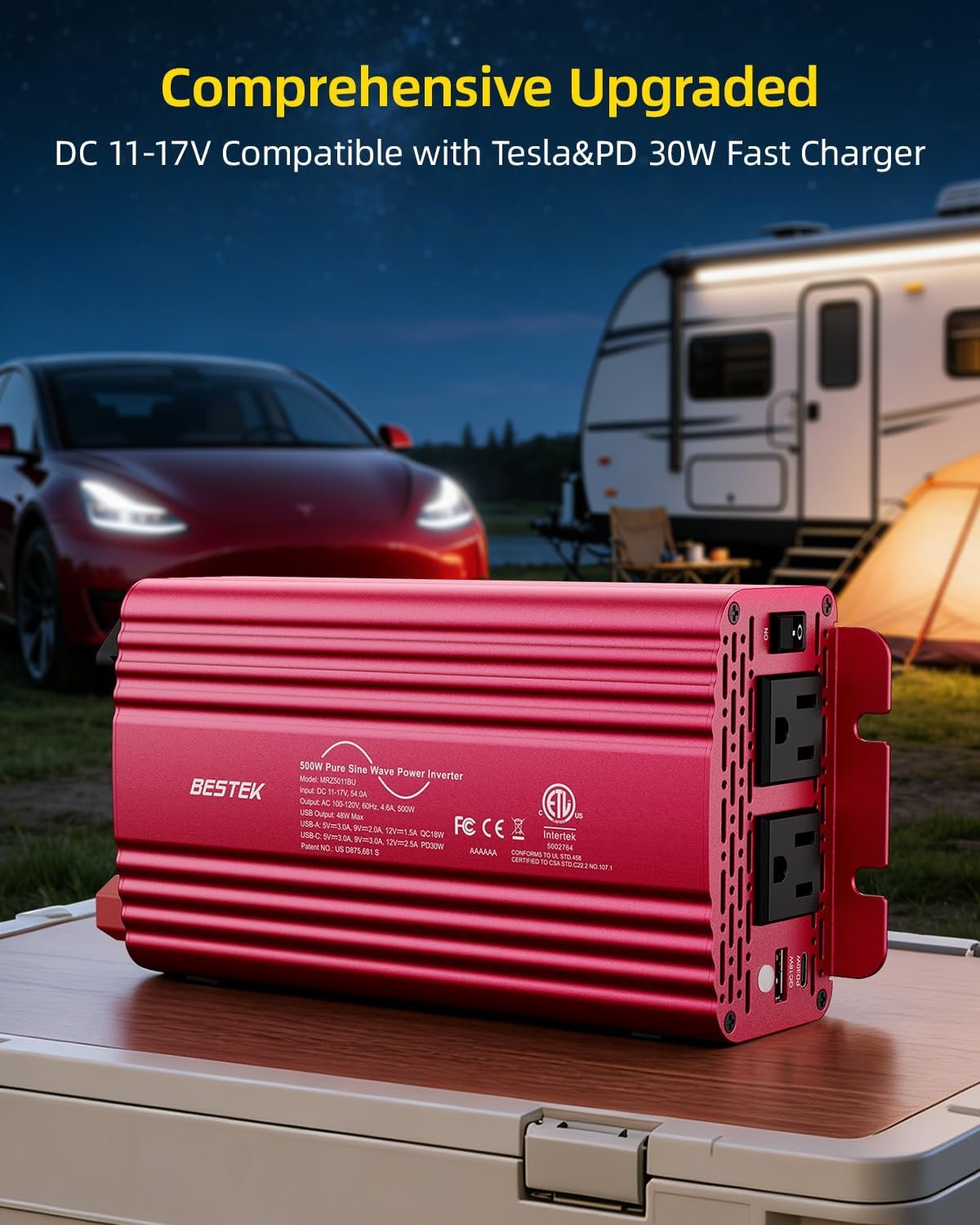 BESTEK 500W Pure Sine Wave Power Inverter DC 12V to AC 110V Car Converter | PD 30W & QC 18W Fast Charging Port, Dual AC Outlets, Car Power Plug Adapter for Solar, RV, Truck, Outdoor Camping, Road Trips - Image 8